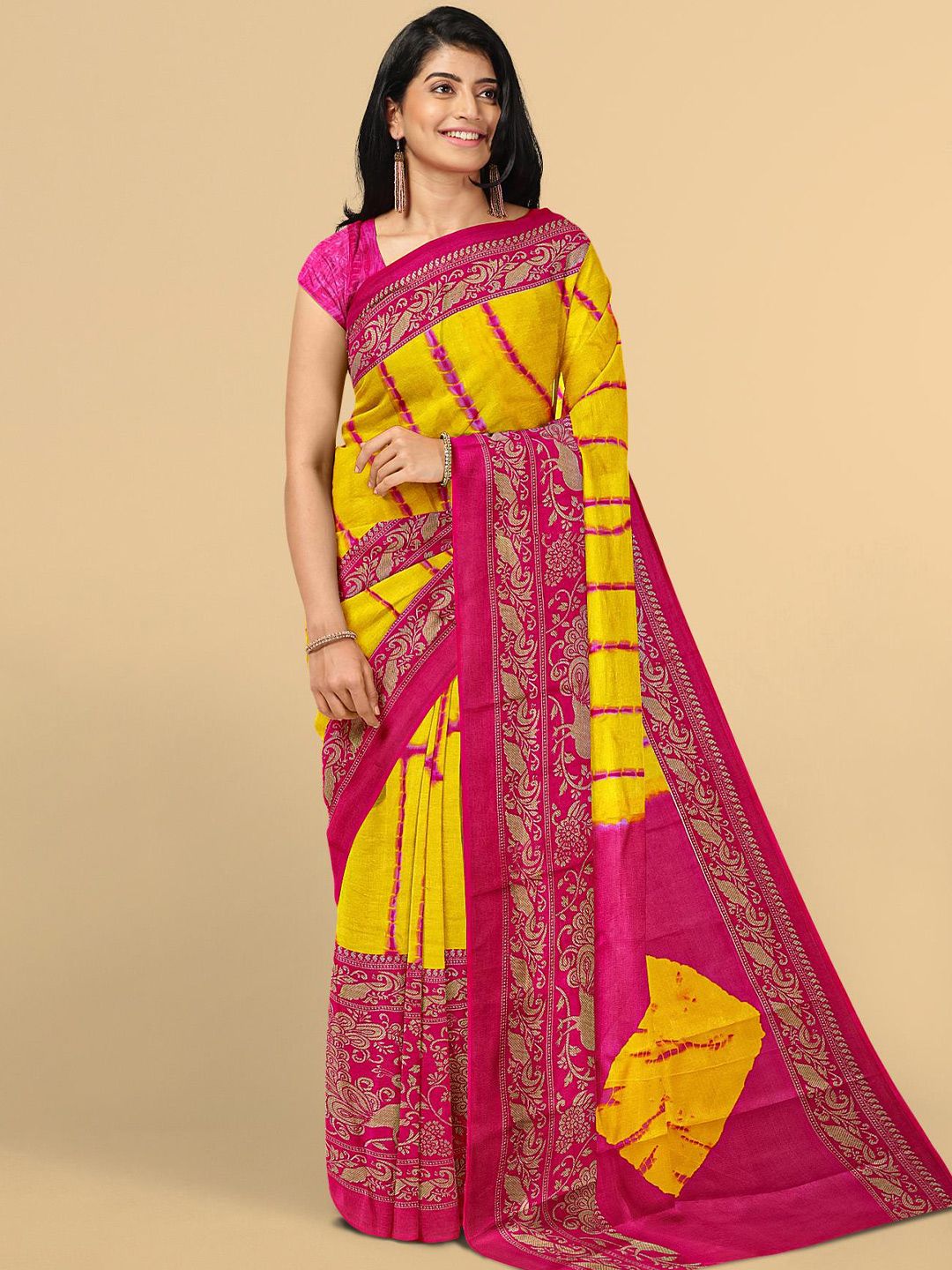 Kalamandir Yellow & Pink Tie and Dye Jute Silk Saree Price in India