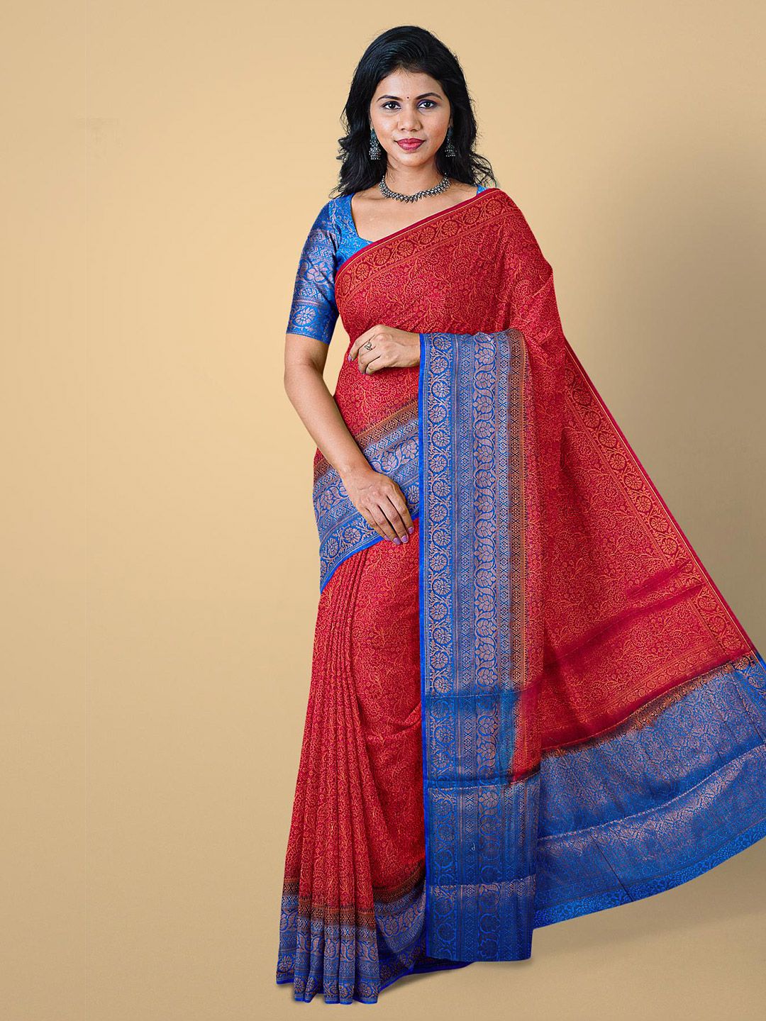 Kalamandir Women Red & Blue Ethnic Motifs Zari Silk Blend Saree Price in India