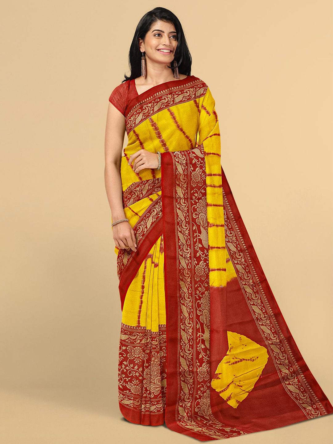 Kalamandir Women Yellow & Maroon Tie and Dye Jute Silk Saree Price in India