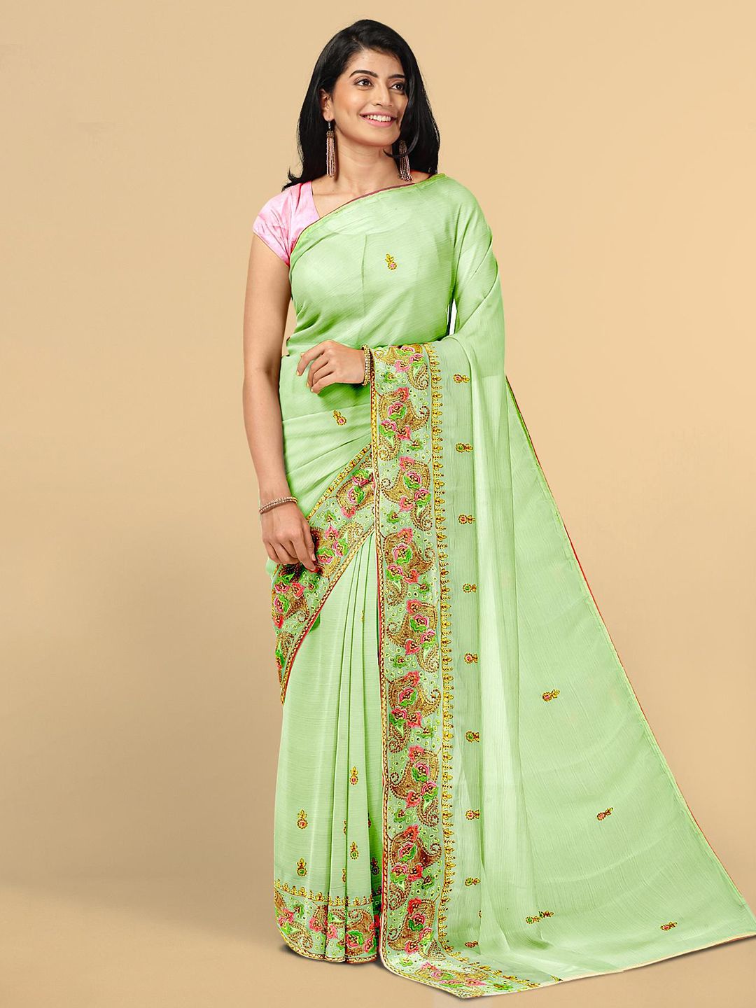 Kalamandir Green & Pink Floral Embroidered Silk Blend Saree Price in India