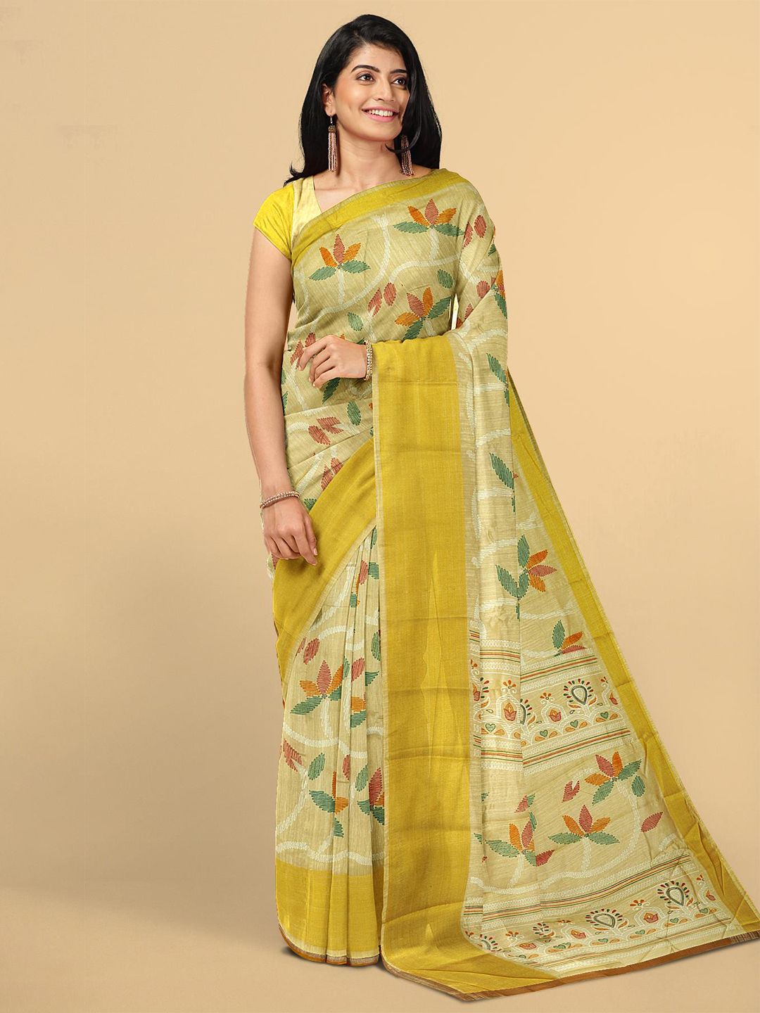 Kalamandir Cream-Coloured & Green Floral Jute Silk Saree Price in India