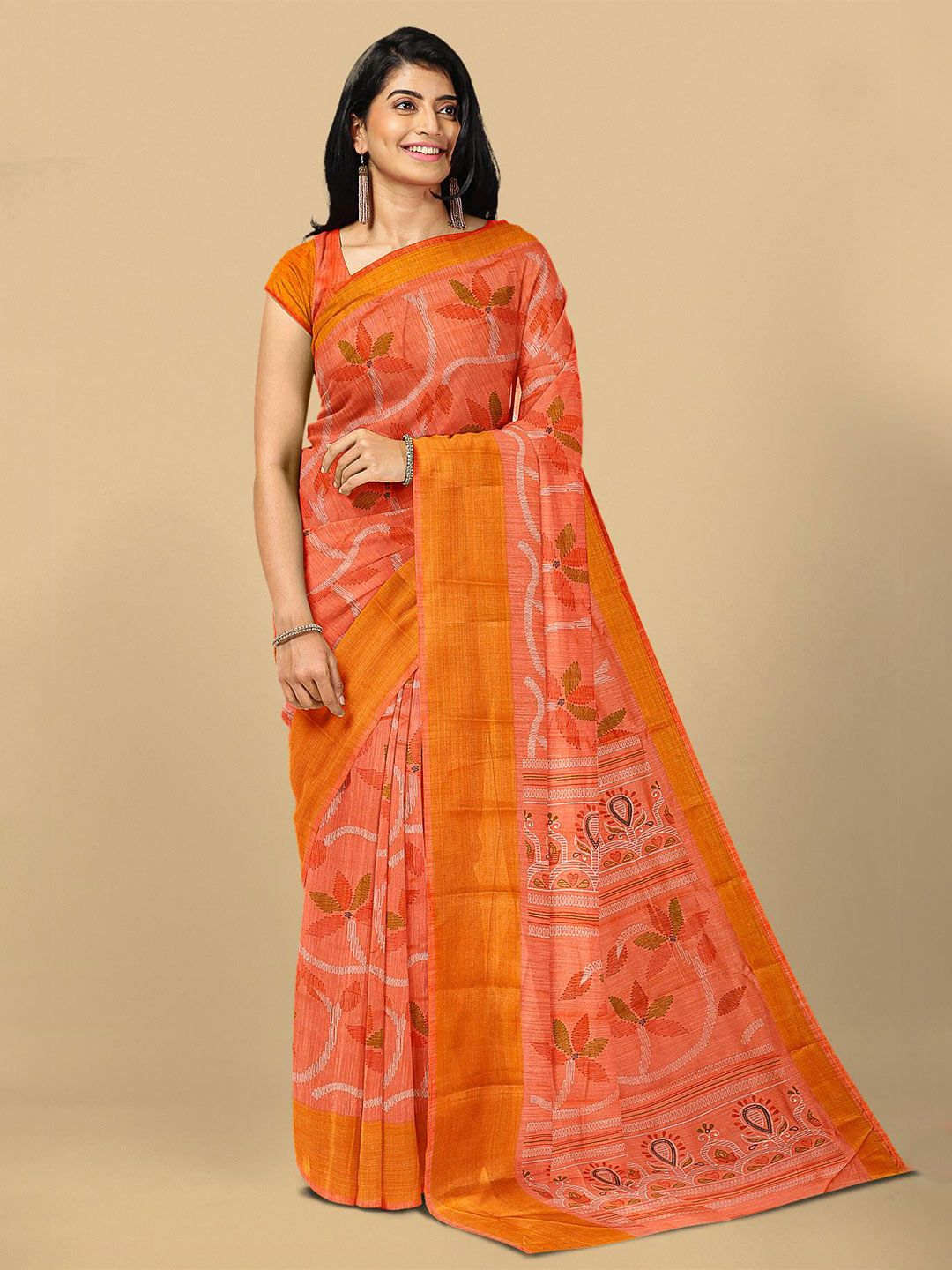 Kalamandir Orange & Green Floral Zari Jute Silk Saree Price in India