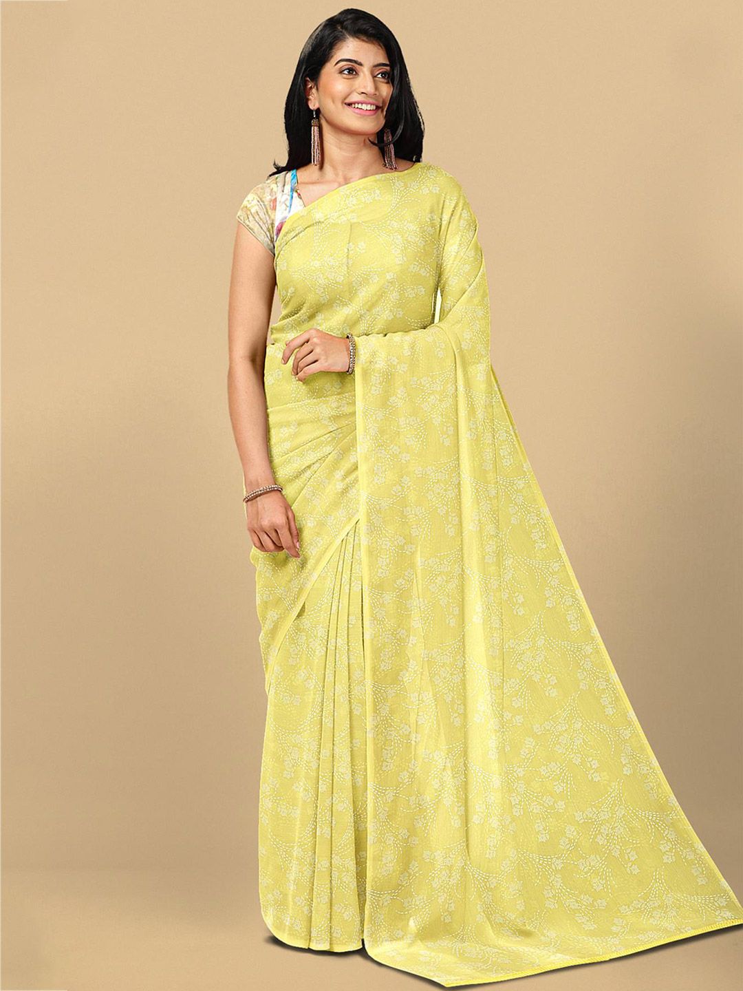 Kalamandir Women Yellow and White Floral Printed Silk Blend Saree Price in India