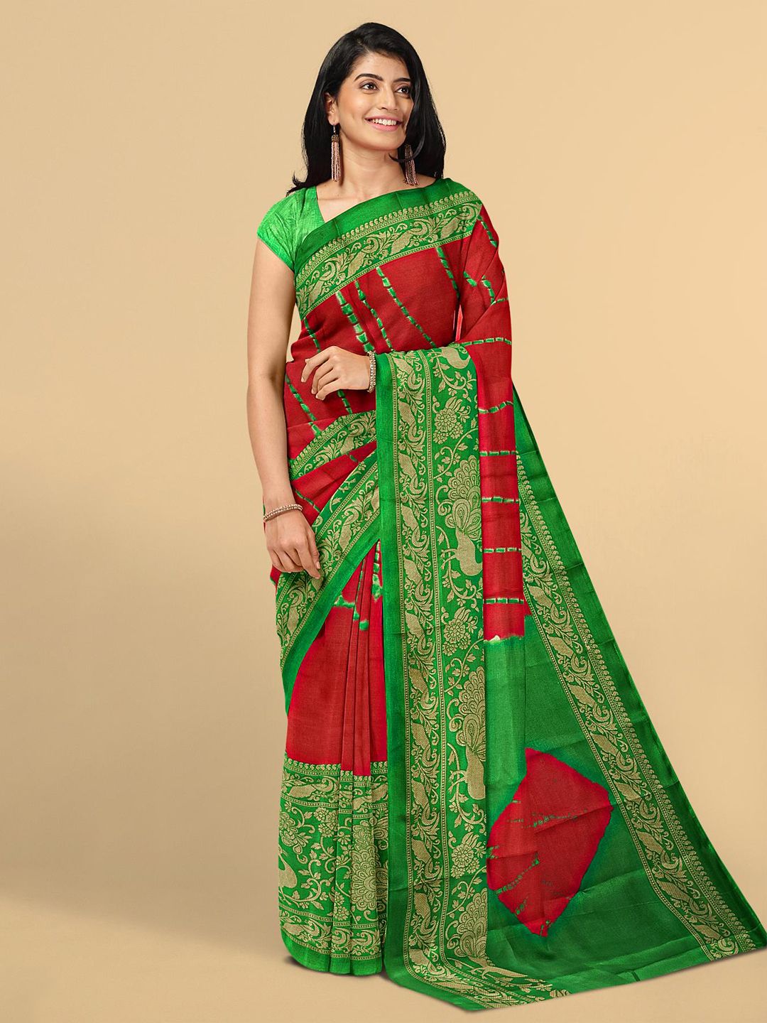 Kalamandir Red & Green Bandhani Jute Silk Saree Price in India