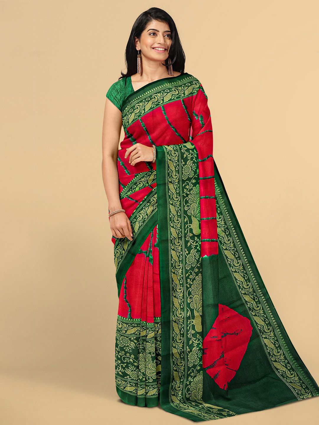 Kalamandir Red & Green Tie and Dye Zari Jute Silk Saree Price in India