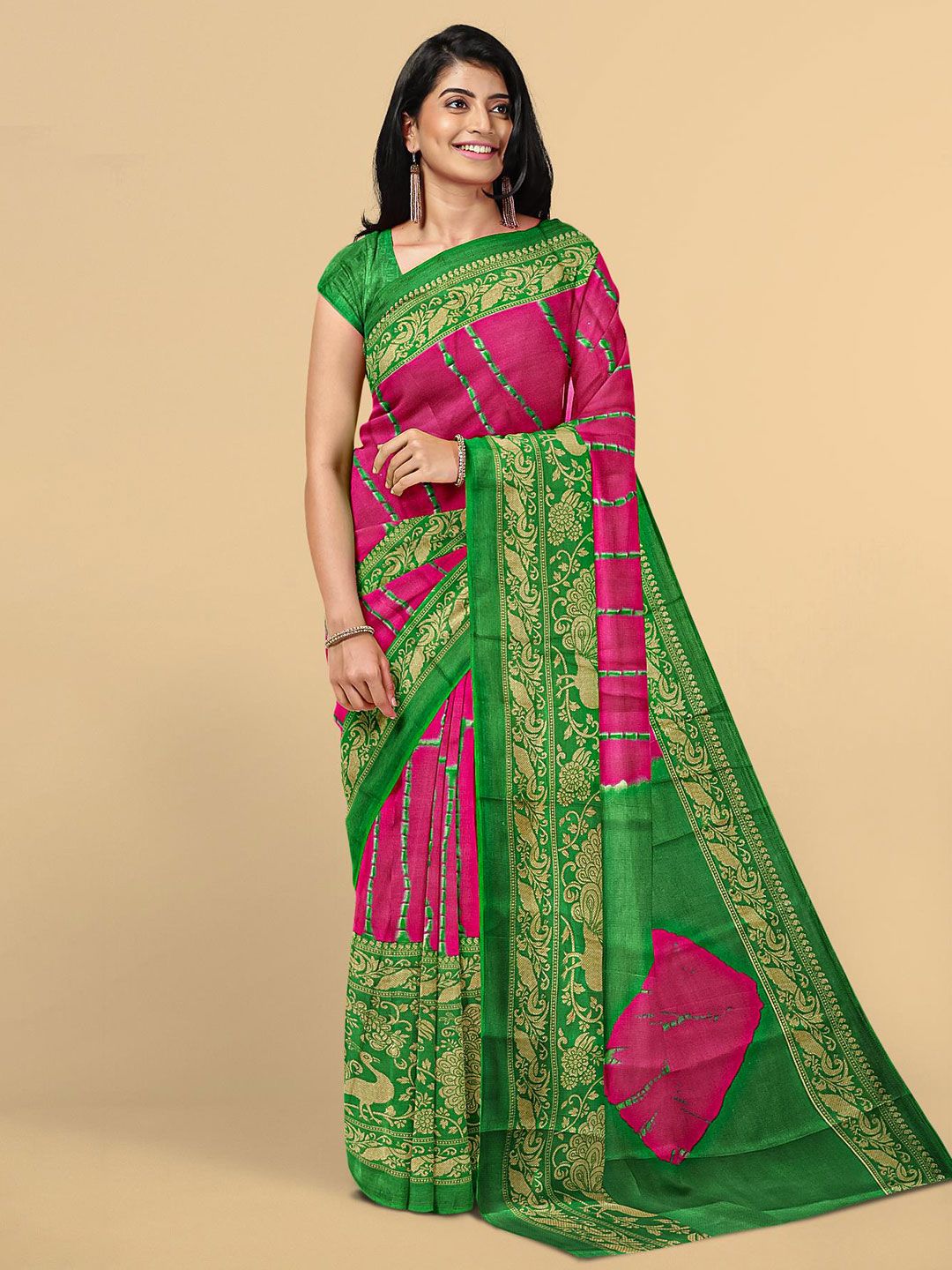 Kalamandir Pink & Green Bandhani Jute Silk Saree Price in India