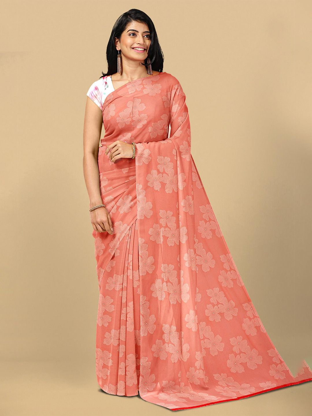 Kalamandir Peach-Coloured Floral Silk Blend Saree Price in India
