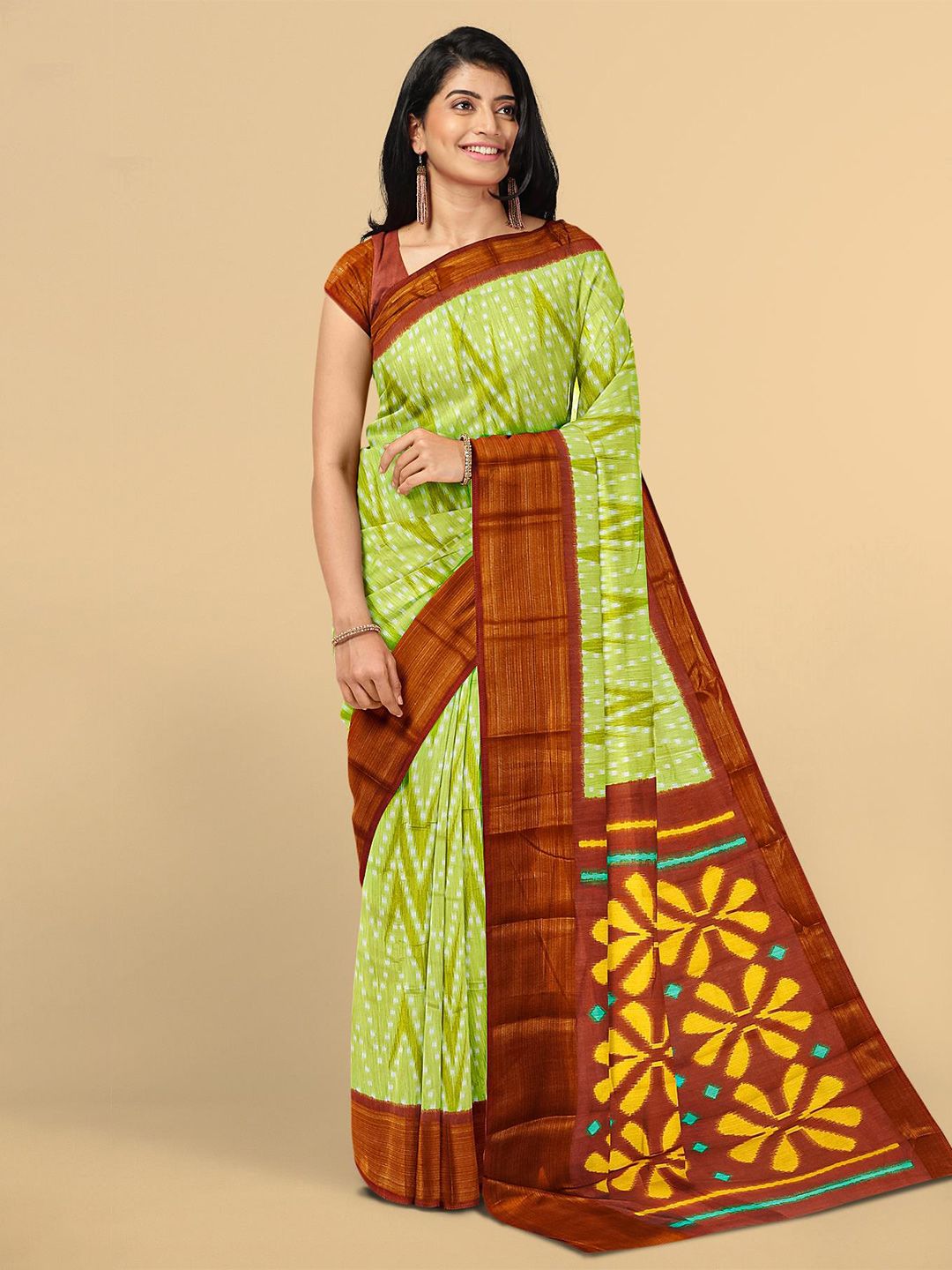 Kalamandir Olive Green & Brown Zari Linen Blend Saree Price in India