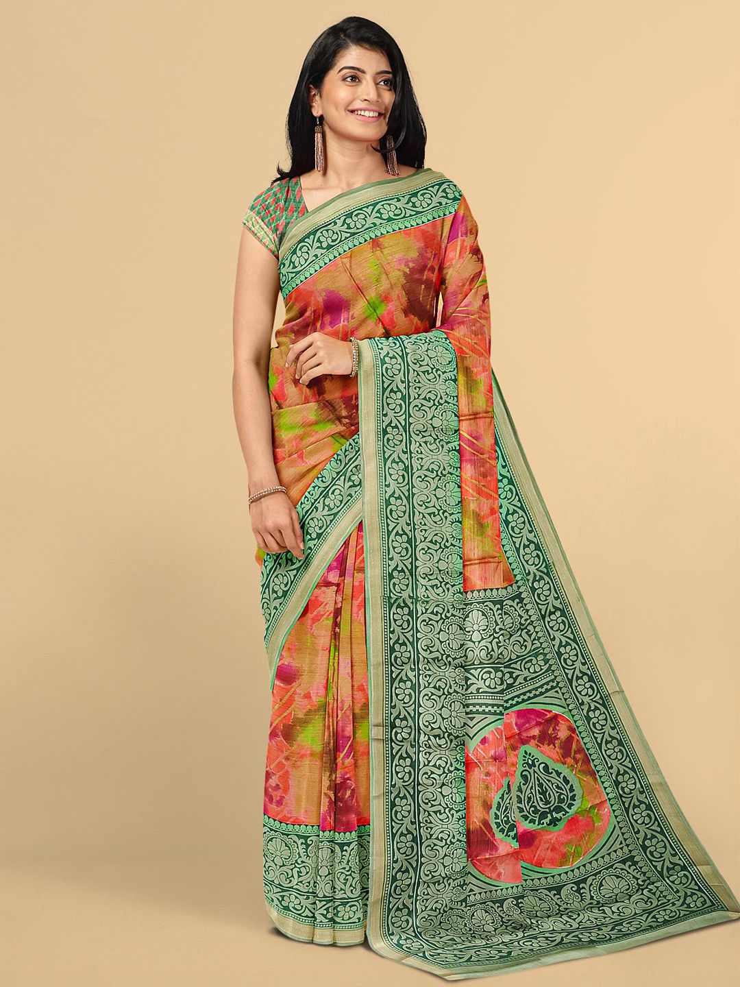 Kalamandir Women Green ,Pink & Brown Cotton Blend Shibori Print Saree Price in India