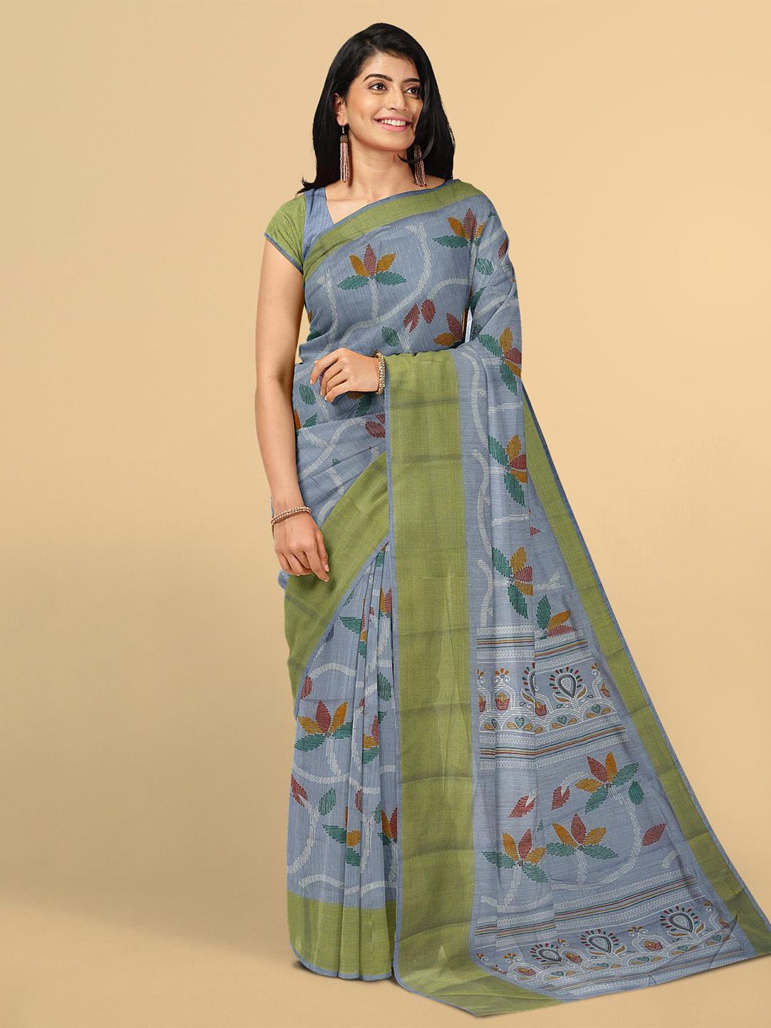 Kalamandir Women Grey Floral Jute Silk Saree Price in India