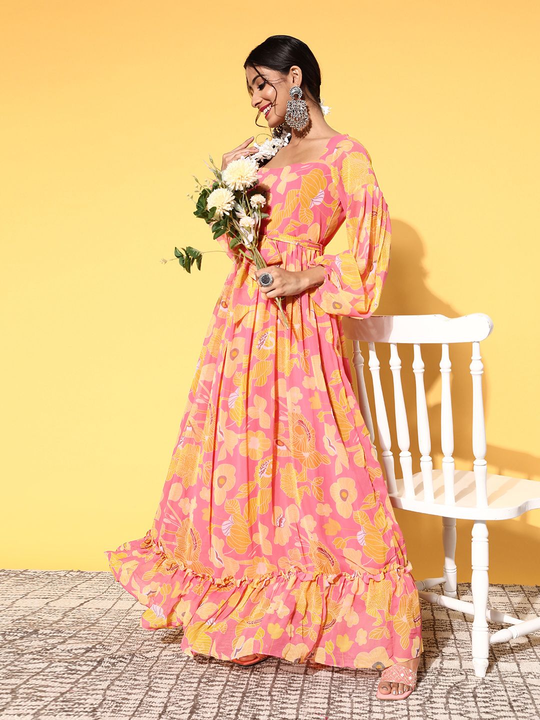 Inddus Women Pretty Pink Georgette Twist & Knot Ethnic Dress Price in India