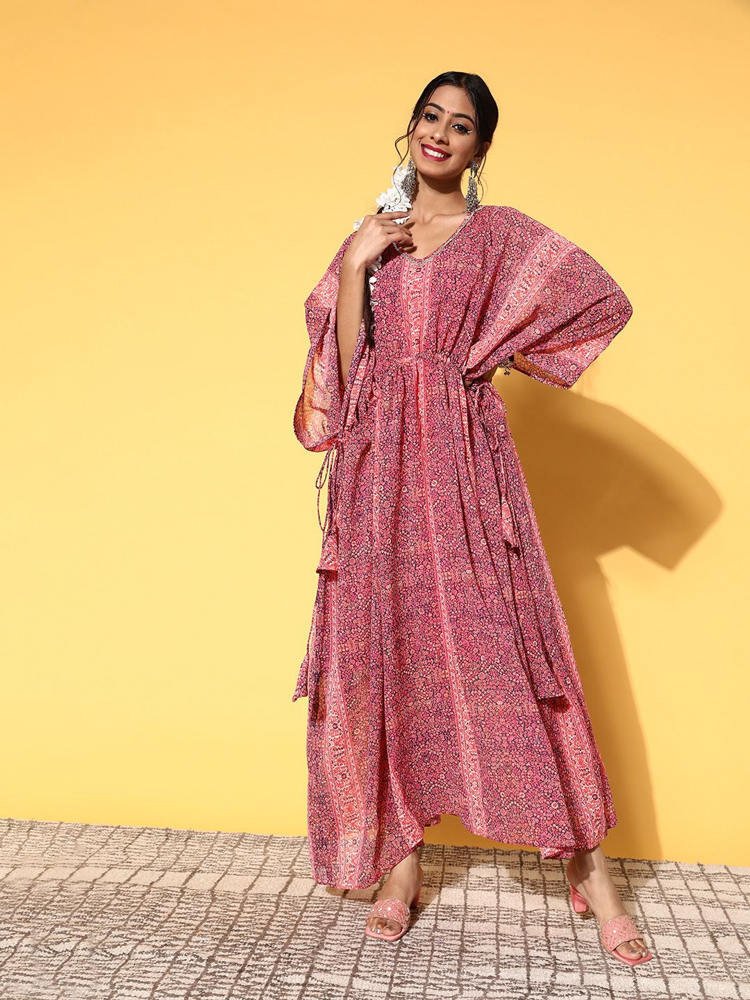 Inddus Women Pretty Pink Polyester Adjustable Waistline Ethnic Dress Price in India