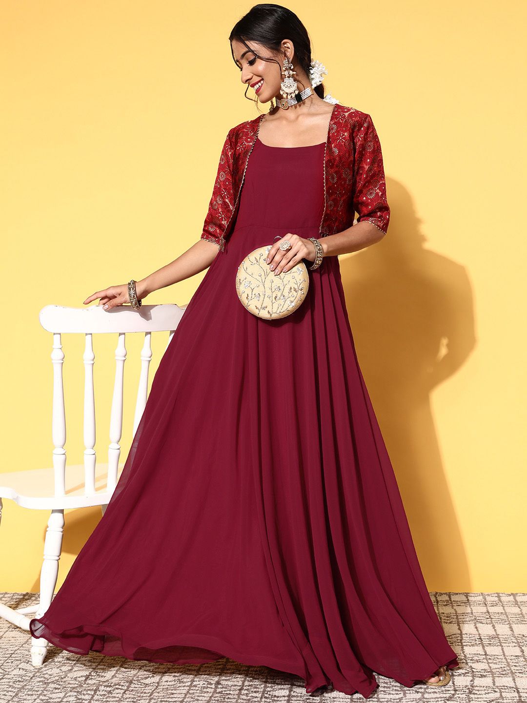 Inddus Women Charming Maroon Georgette Spaghetti Straps Ethnic Dress Price in India