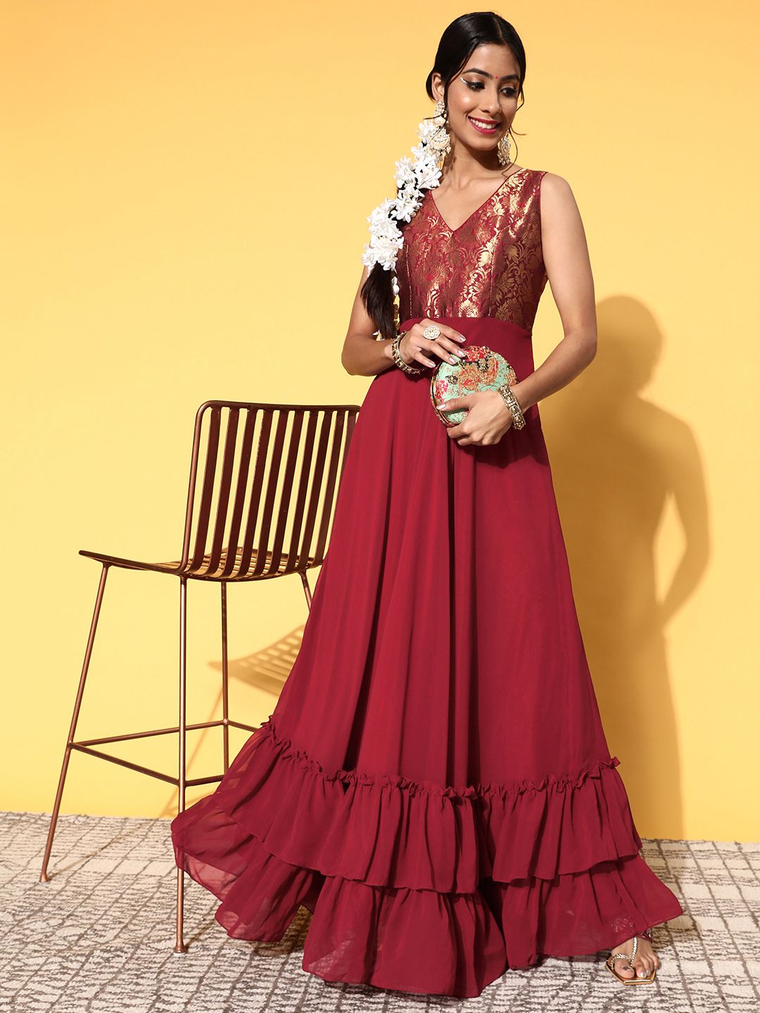 Inddus Women Deep Maroon Silk Ruffled Ethnic Dress Price in India