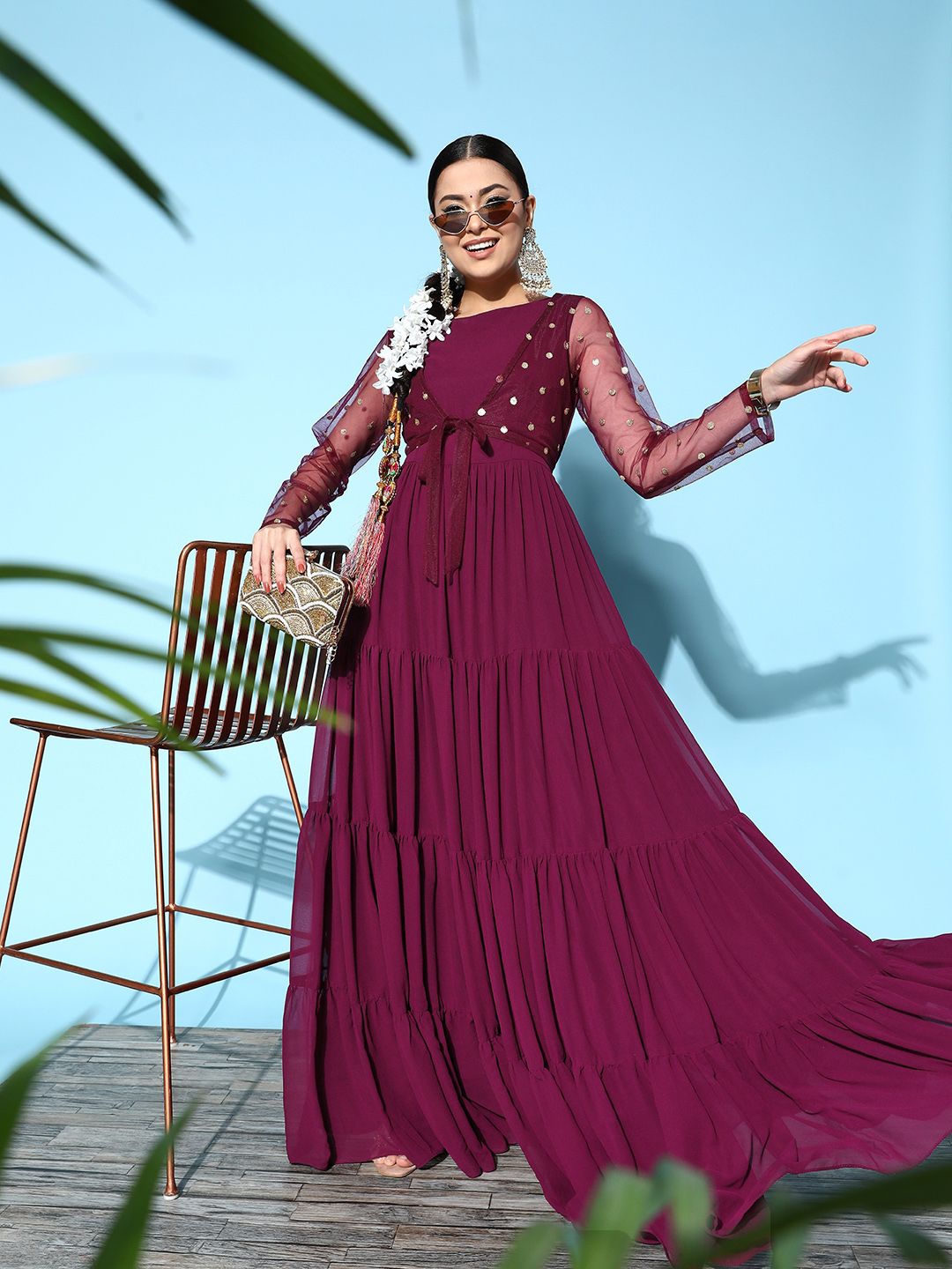 Inddus Women Elegant Burgundy Georgette Shimmer & Sequin Ethnic Dress Price in India