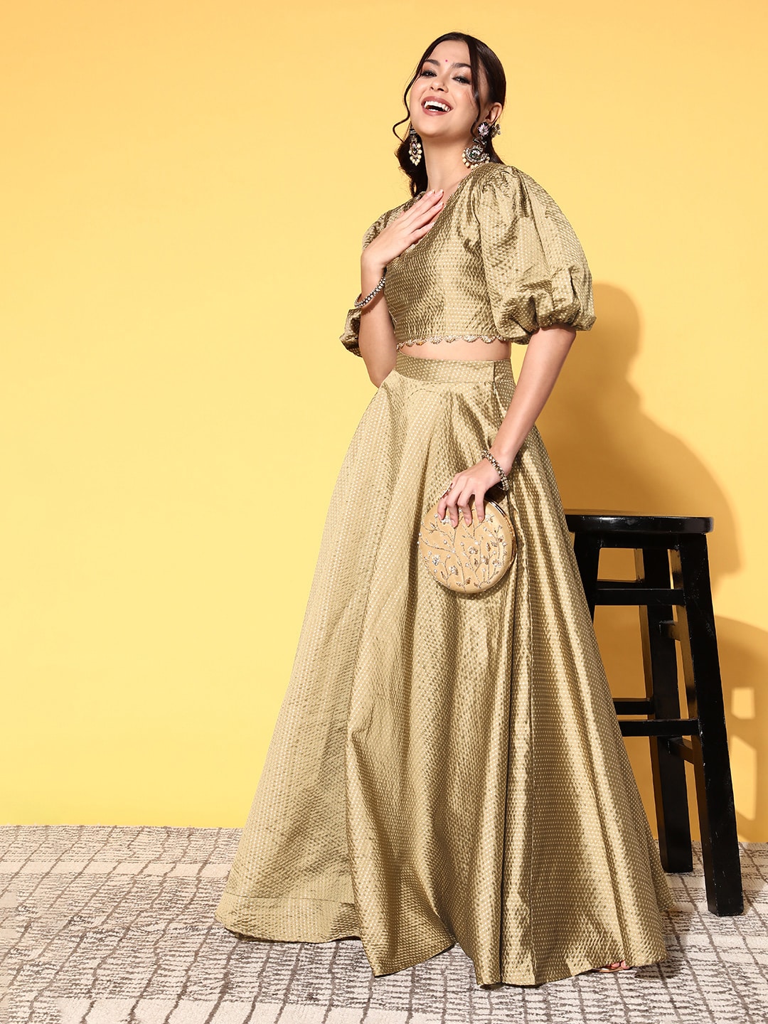 Inddus Women Beige Woven Design Top & Skirt Price in India