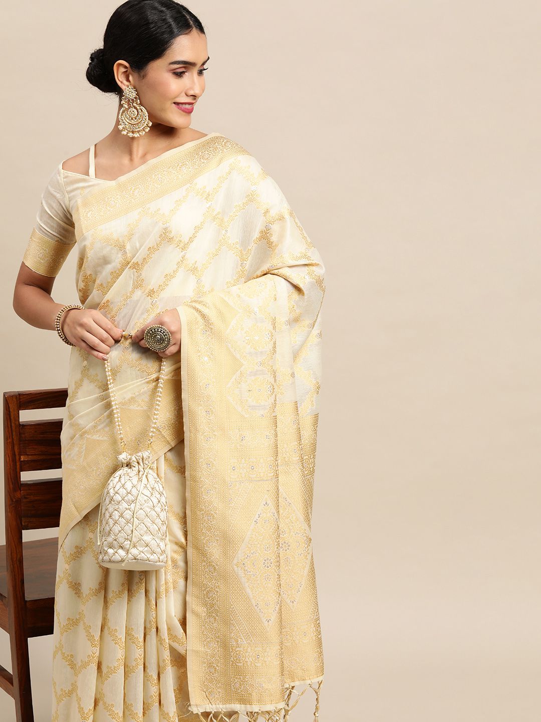 Satrani Cream-Coloured Silk Cotton Kasavu Saree Price in India