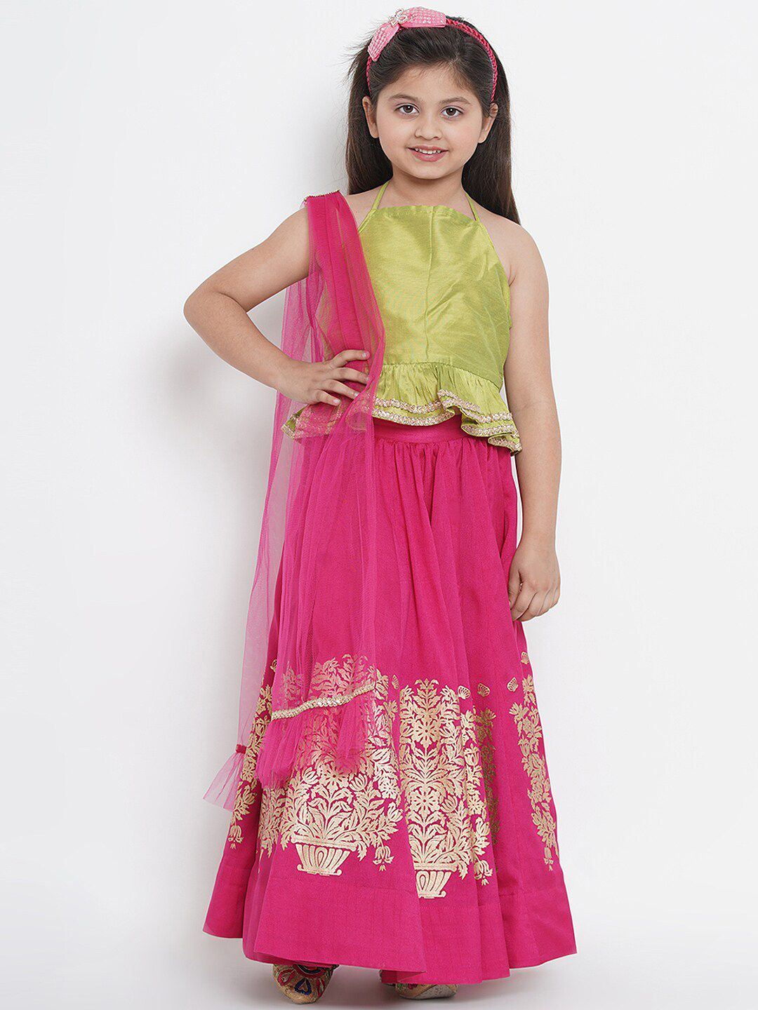 Bitiya by Bhama Girls Green & Pink Ready to Wear Lehenga & Blouse With Dupatta