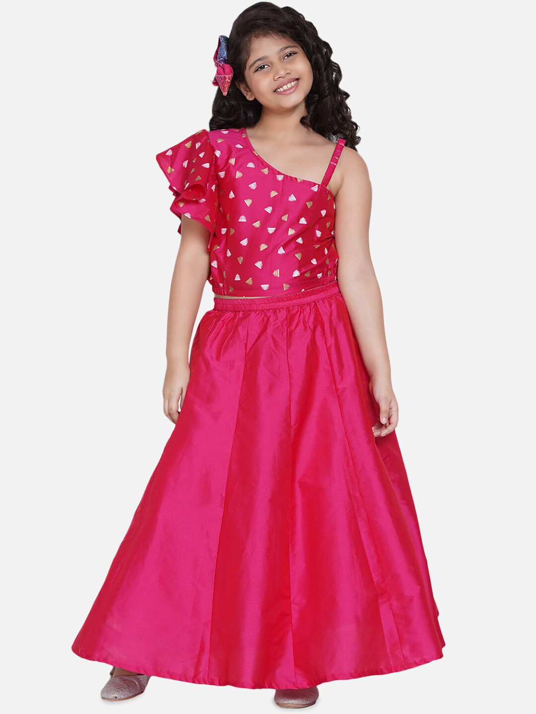 Bitiya by Bhama Girls Pink Printed Ready to Wear Lehenga &