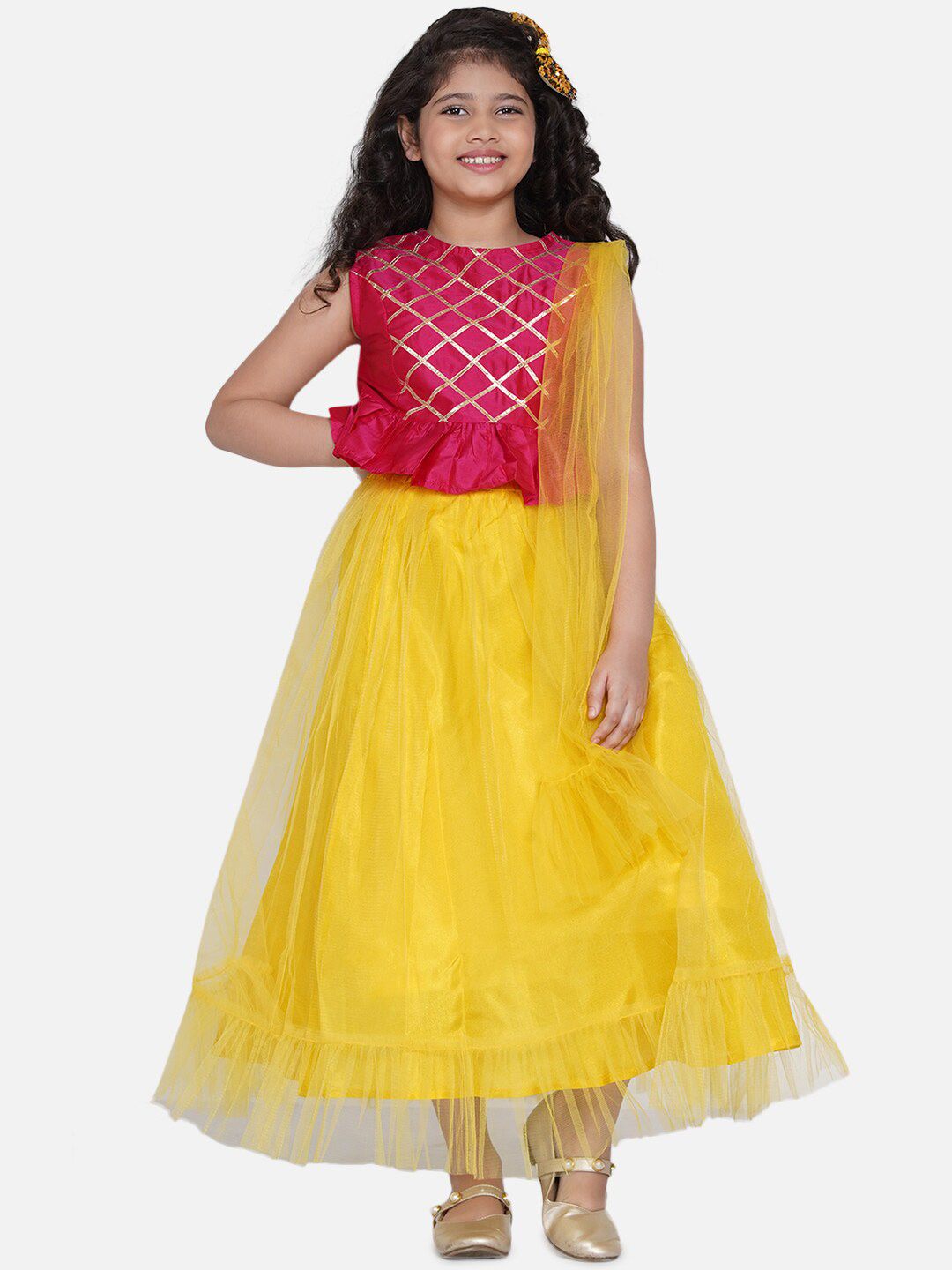 Bitiya by Bhama Girls Yellow & Pink Embellished Ready to Wear Lehenga & Blouse With Dupatta