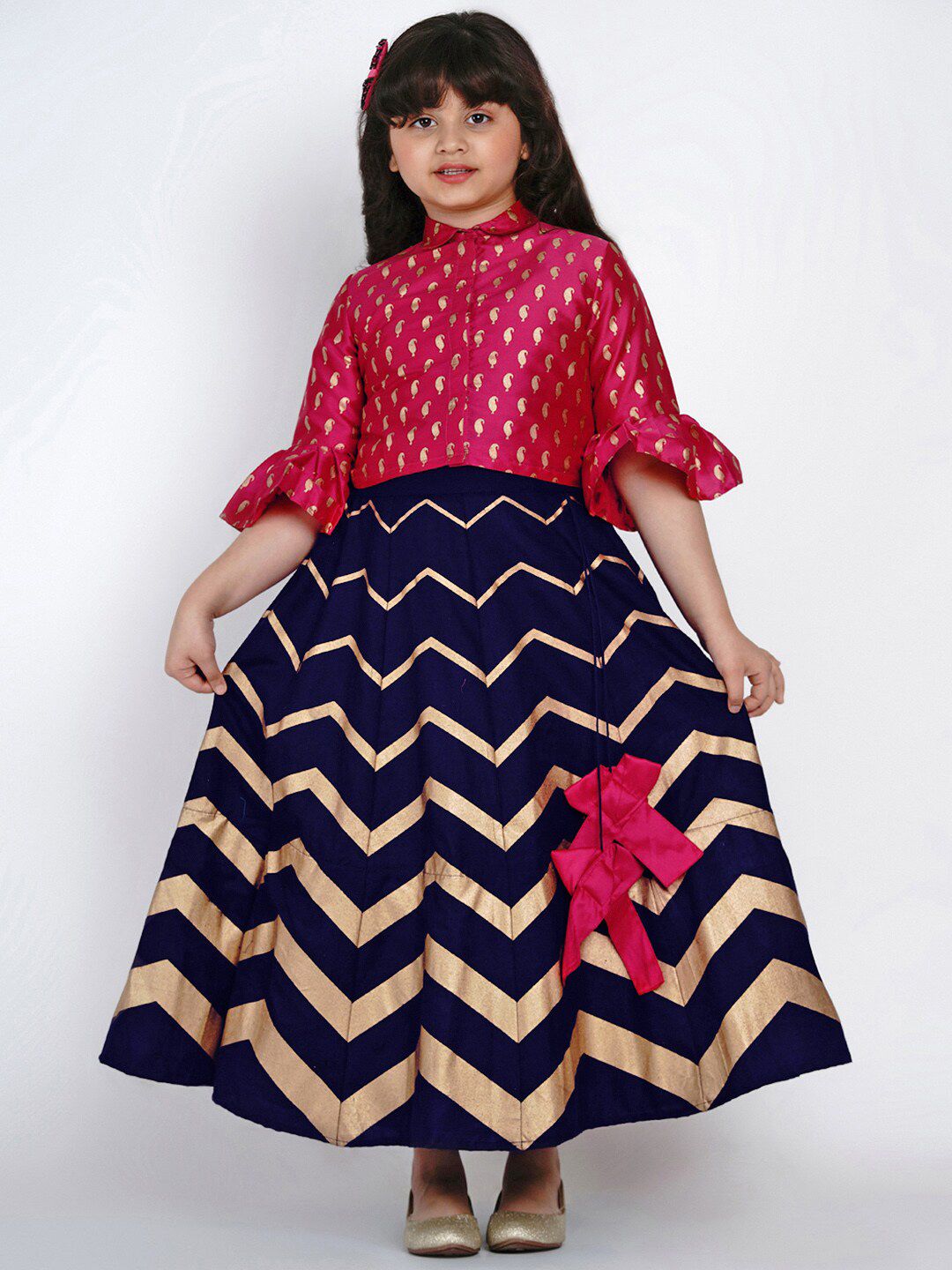 Bitiya by Bhama Girls Pink & Navy Blue Printed Foil Print Ready to Wear Lehenga &