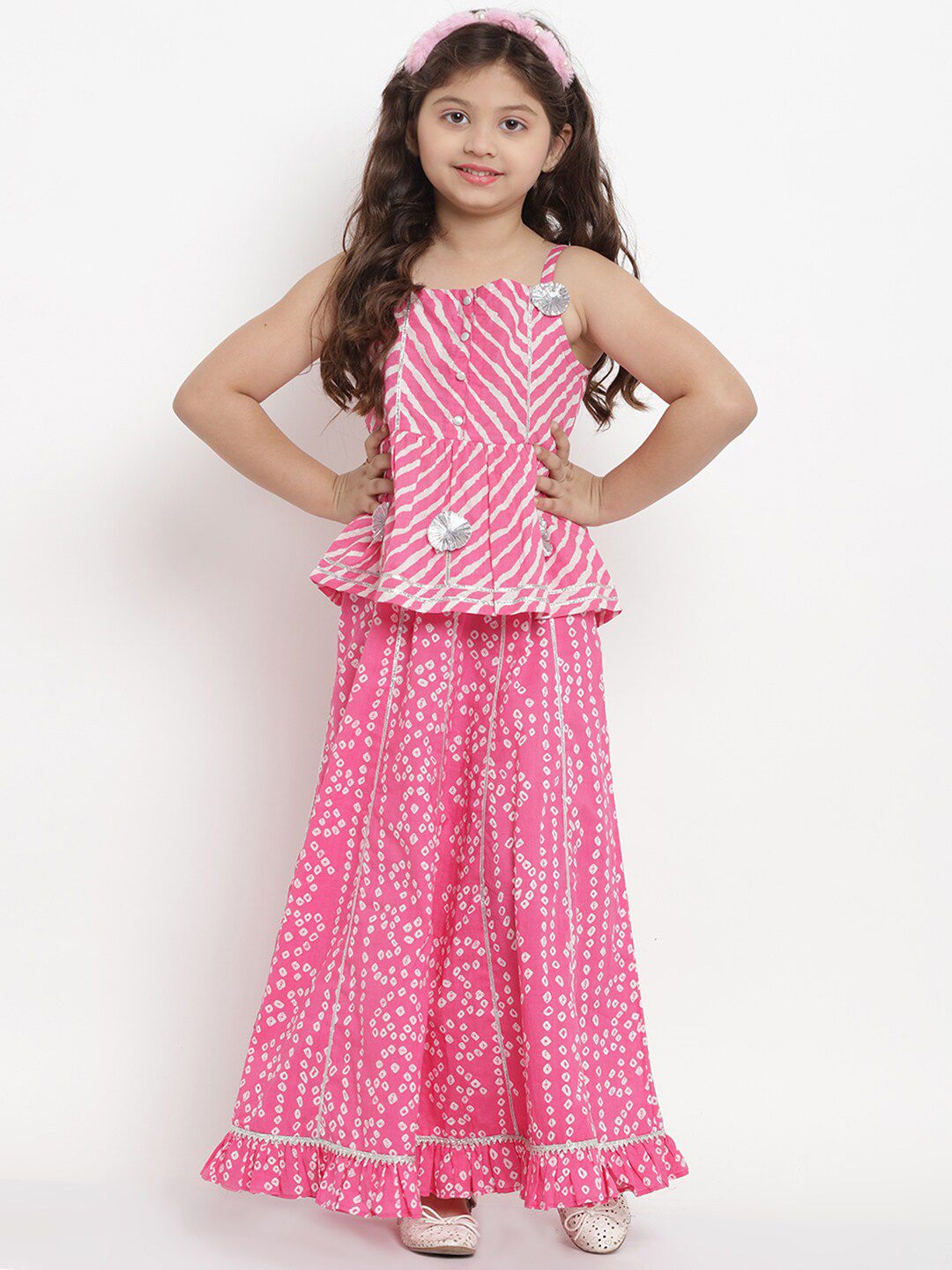 Bitiya by Bhama Girls Pink & White Printed Ready to Wear Lehenga &