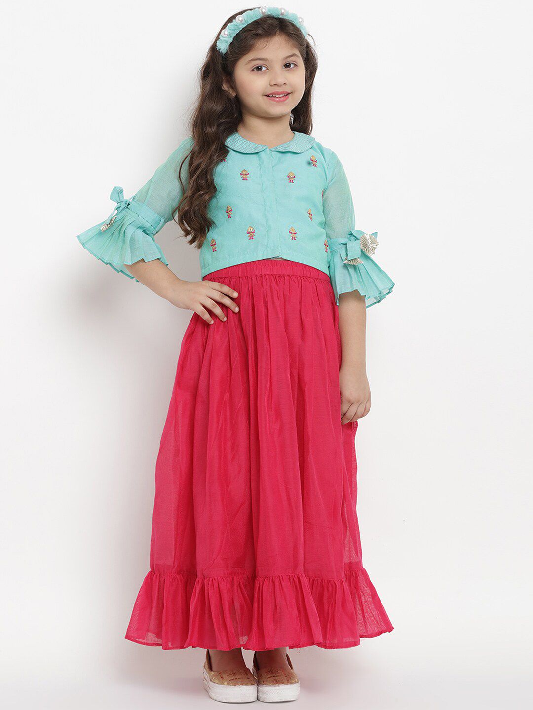 Bitiya by Bhama Girls Turquoise Blue & Red Printed Ready to Wear Lehenga &