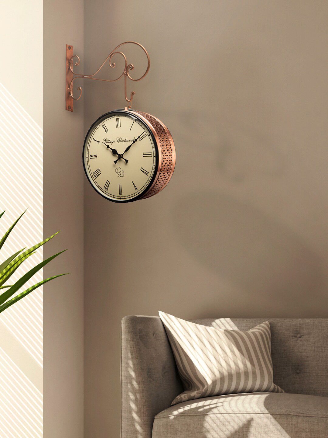 green girgit Copper-Toned & Off White Vintage Double Sided Copper Jali Station Wall Clock Price in India