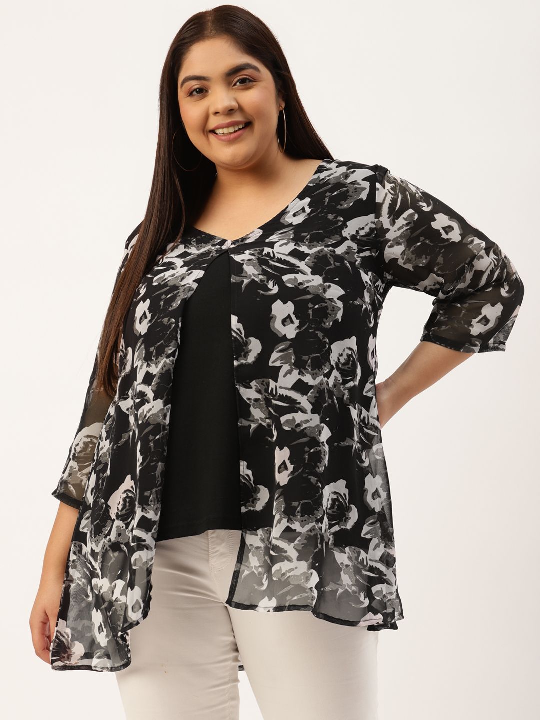 theRebelinme Plus Size Black & Grey Floral Print Layered Longline Top Price in India
