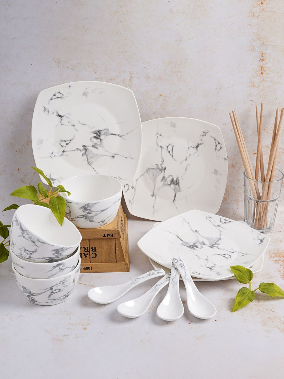 Nestasia White & Grey 16 Pieces Marble Printed Ceramic Glossy Dinner Set Price in India