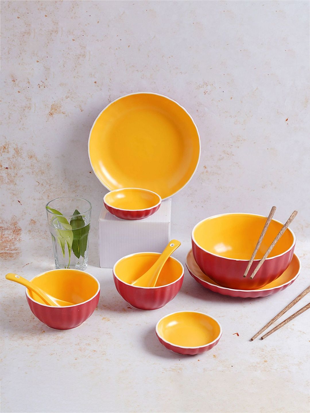 Nestasia Red & Yellow 11 Pieces Ceramic Matte Dinner Set Price in India
