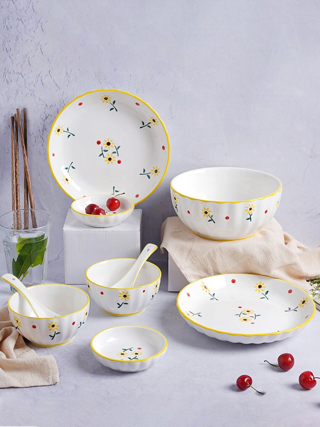 Nestasia White & Yellow 11 Pieces Floral Sunflower Printed Ceramic Glossy Dinner Set Price in India