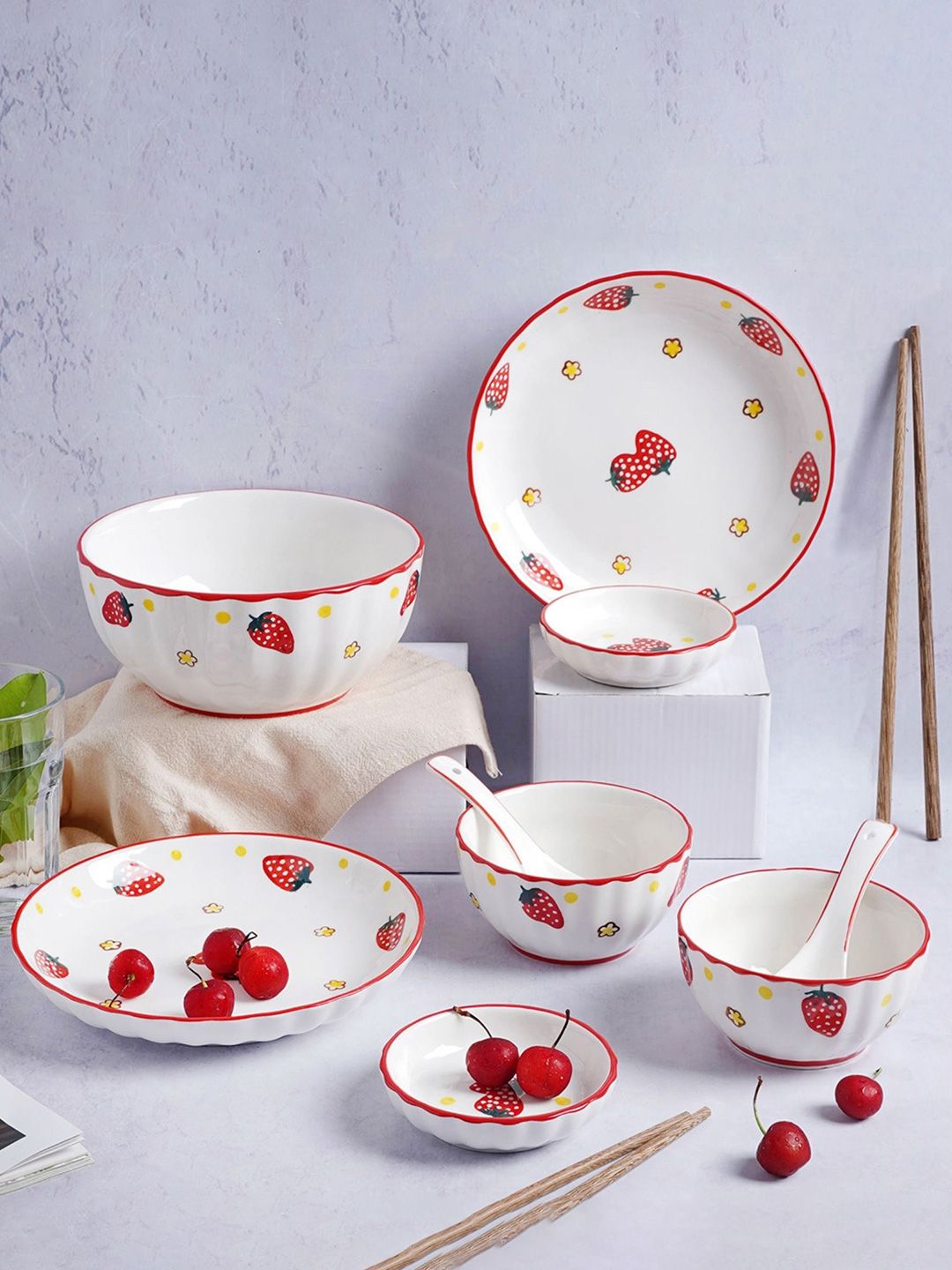 Nestasia White & Red 11 Pieces Strawberry Printed Ceramic Glossy Dinner Set Price in India