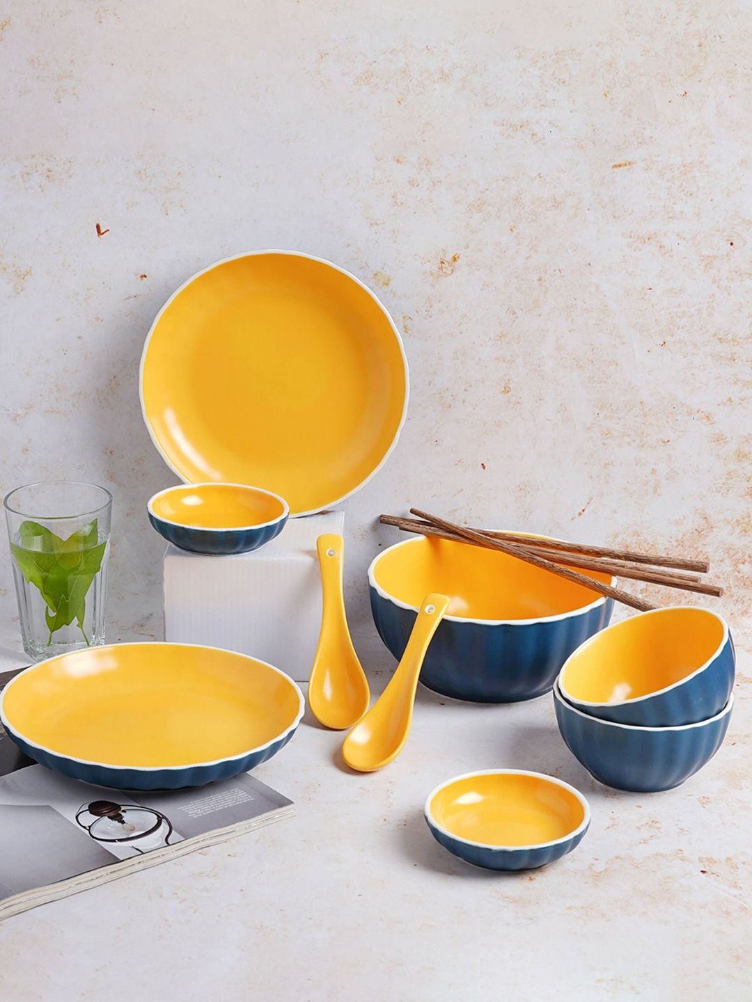 Nestasia Blue & Yellow 11 Pieces Ceramic Glossy Scalloped Dinner Set Price in India