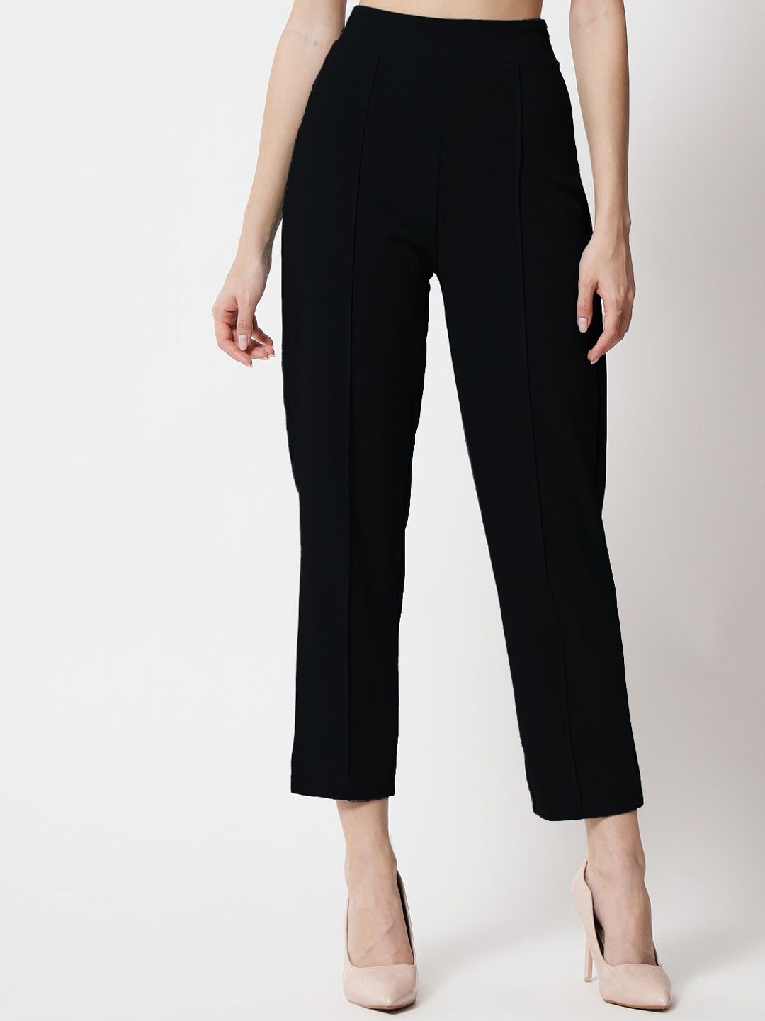 Kotty Women Black Comfort Straight Fit High-Rise Easy Wash Pleated Trousers Price in India