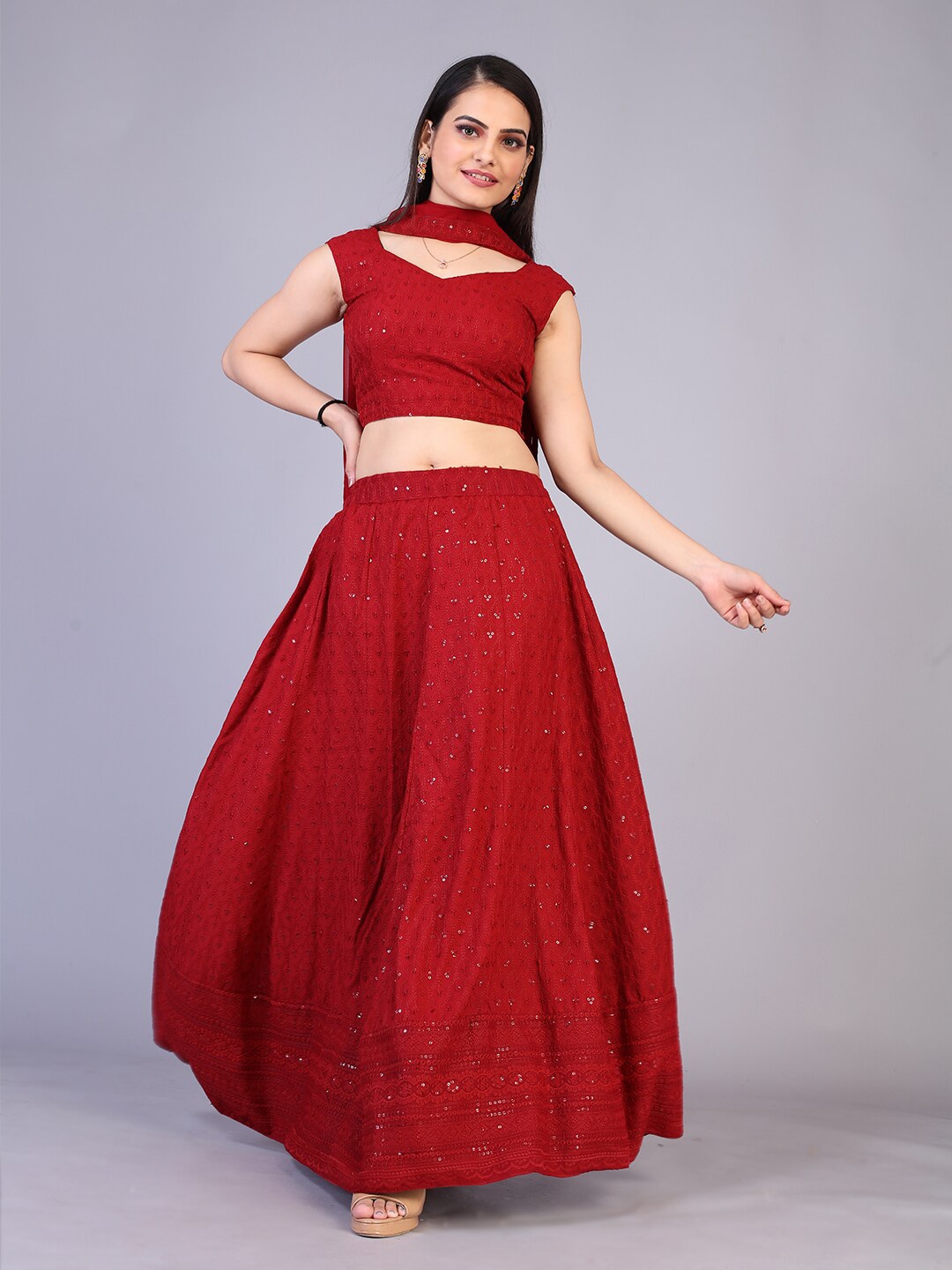 PRENEA Red Embellished Ready to Wear Lehenga & Blouse With Dupatta Price in India