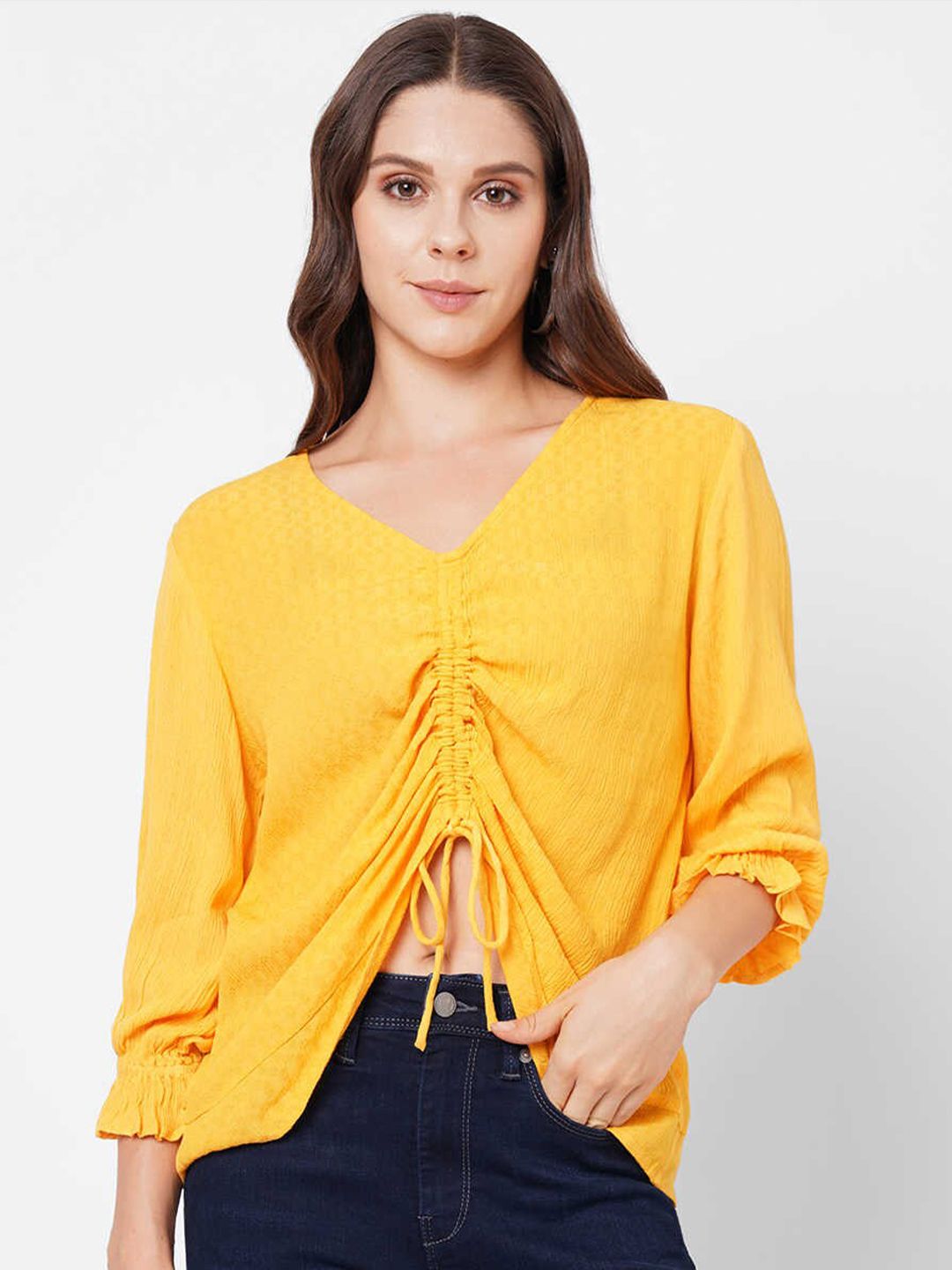 Pepe Jeans Yellow Solid Puff Sleeve Top Price in India
