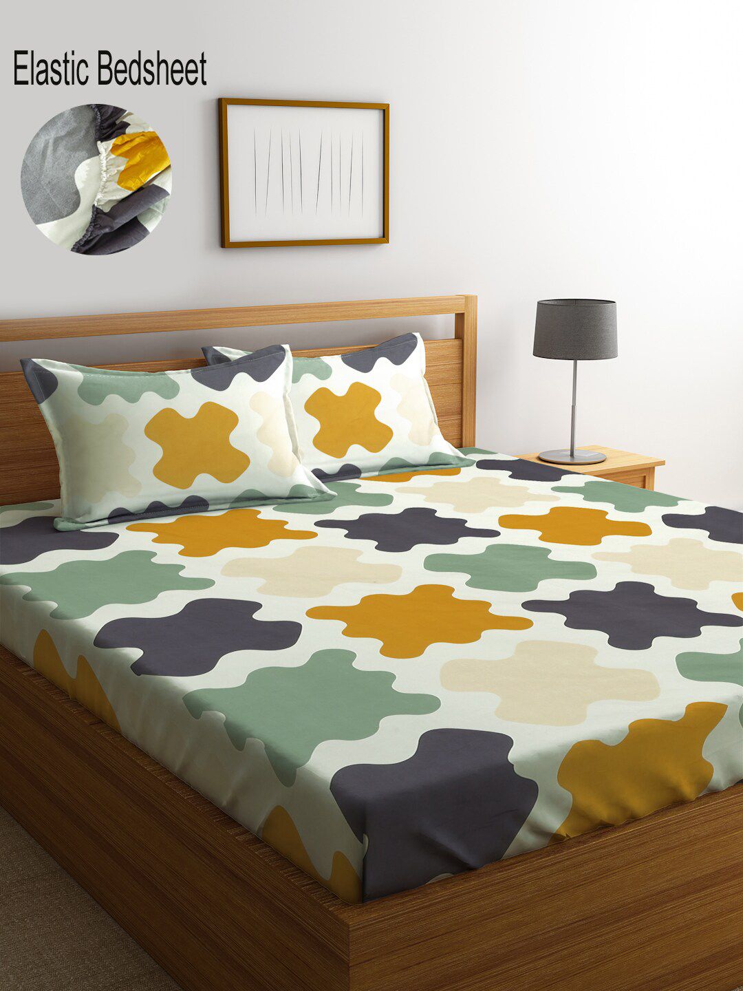 KLOTTHE Multi Abstract 300 TC Cotton Blend Fitted Double Bedsheet Set Price in India