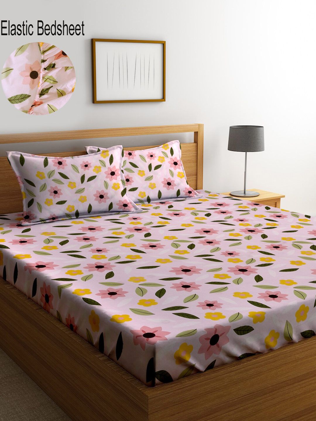 KLOTTHE Pink Floral 300 TC Cotton Blend Fitted Double Bedsheet Set Price in India