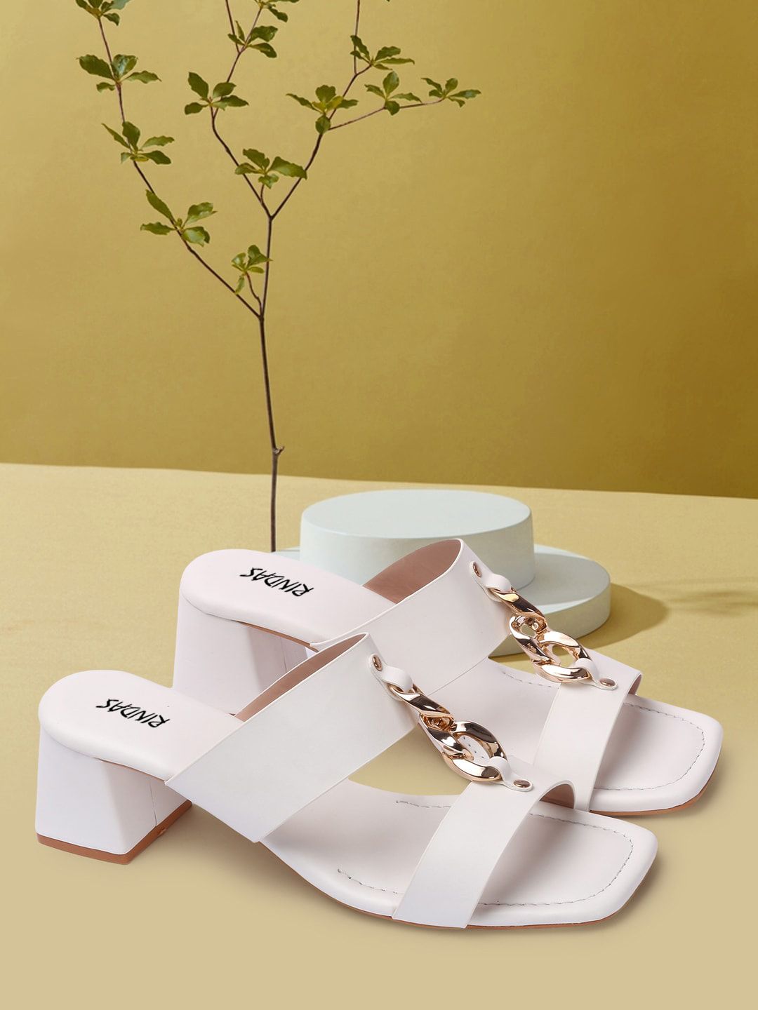 RINDAS White Embellished Strappy Buckled Stylish Block Heels Price in India