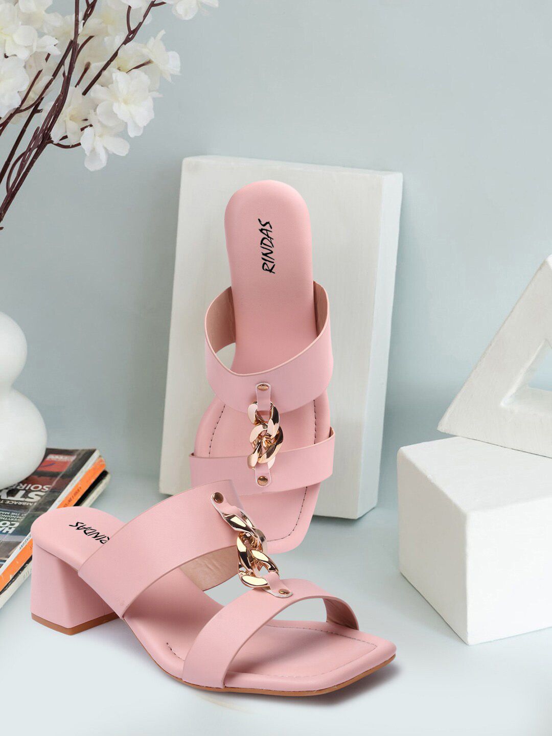 RINDAS Pink Embellished Strappy Buckled Stylish Block Heels Price in India