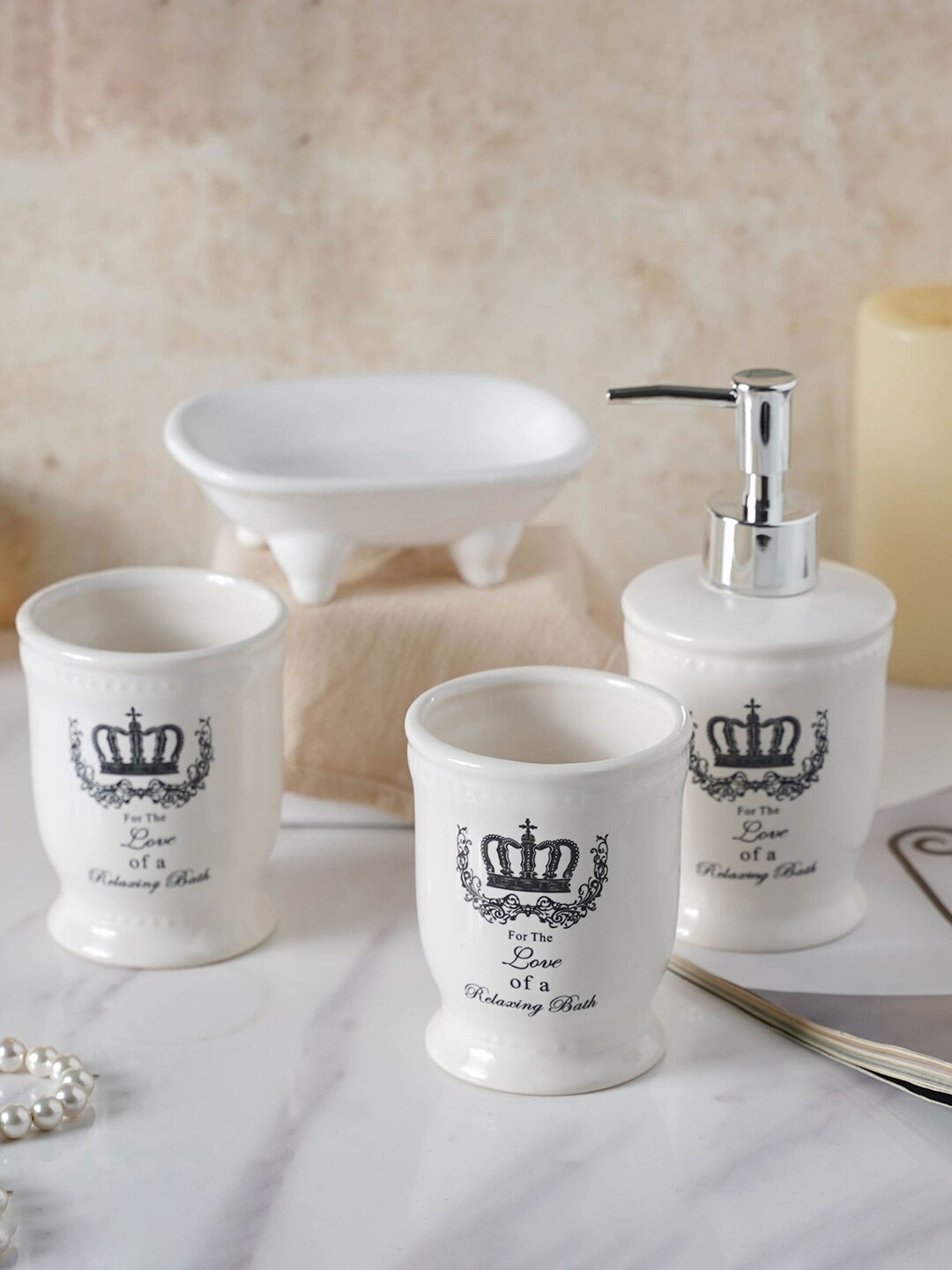 Nestasia White Printed Pack of 4 Ceramic Bathroom Accessories Set Price in India