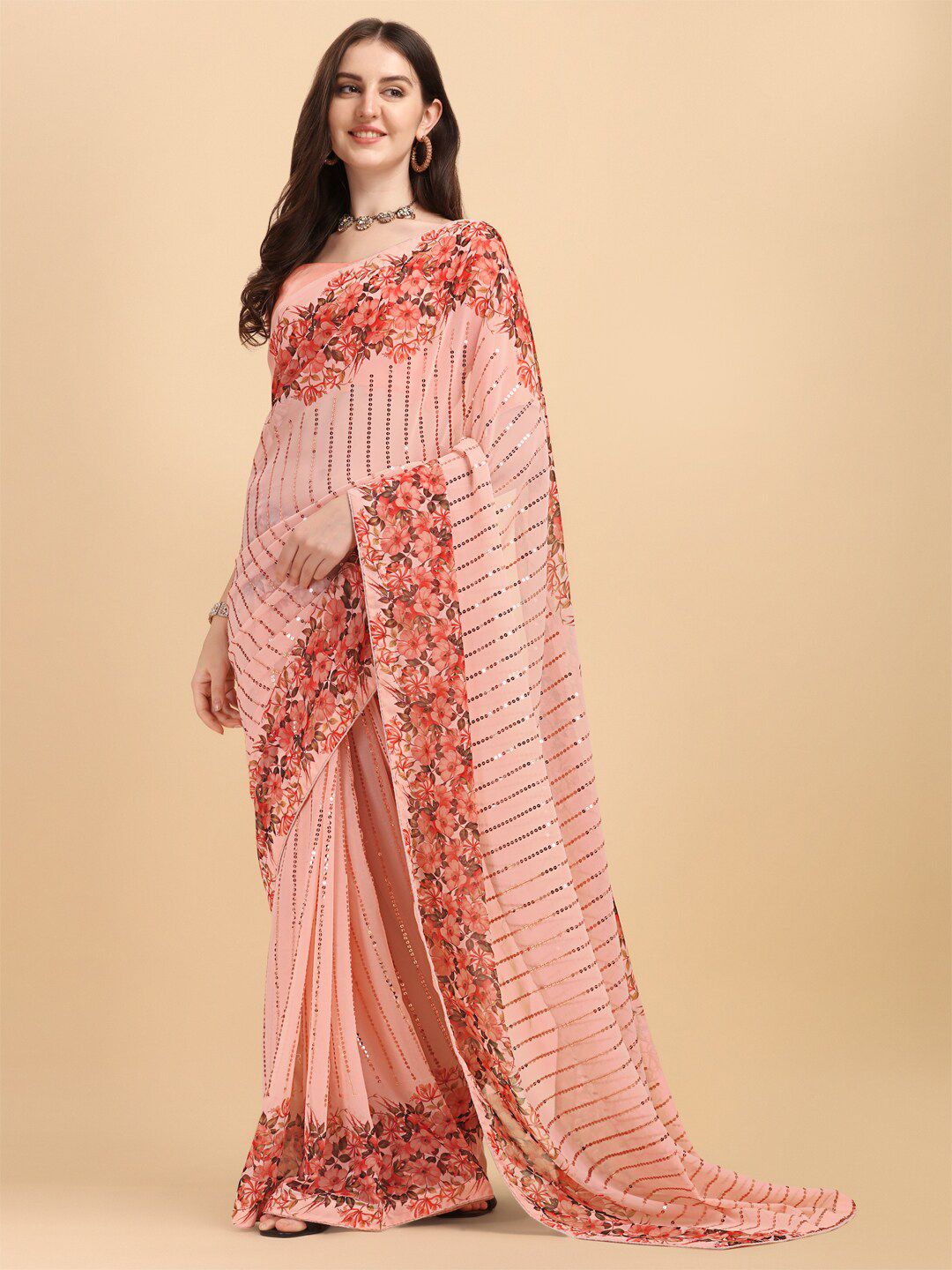 Fab Viva Peach-Coloured Floral Sequinned Pure Georgette Saree Price in India