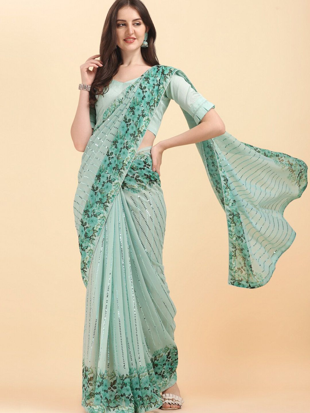 Fab Viva Sea Green & Black Floral Sequinned Pure Georgette Saree Price in India