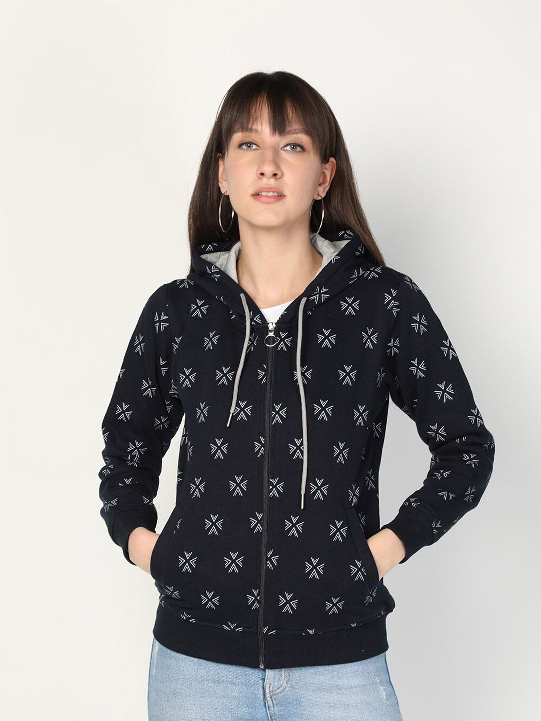 PROTEX Women Navy Blue Printed Hooded Sweatshirt Price in India