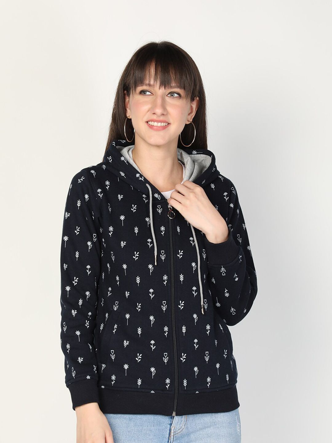 PROTEX Women Navy Blue Printed Hooded Sweatshirt Price in India