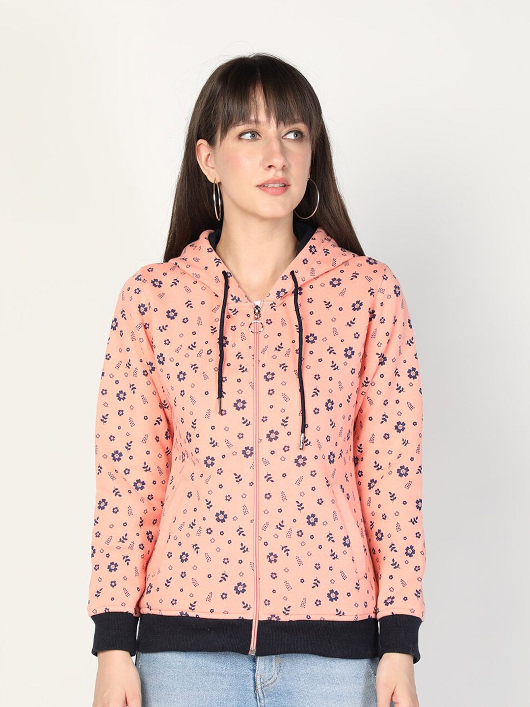 PROTEX Women Peach-Coloured Printed Hooded Sweatshirt Price in India