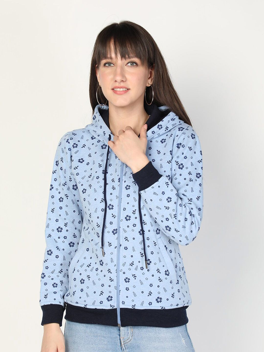 PROTEX Women Blue Floral Printed Hooded Sweatshirt Price in India