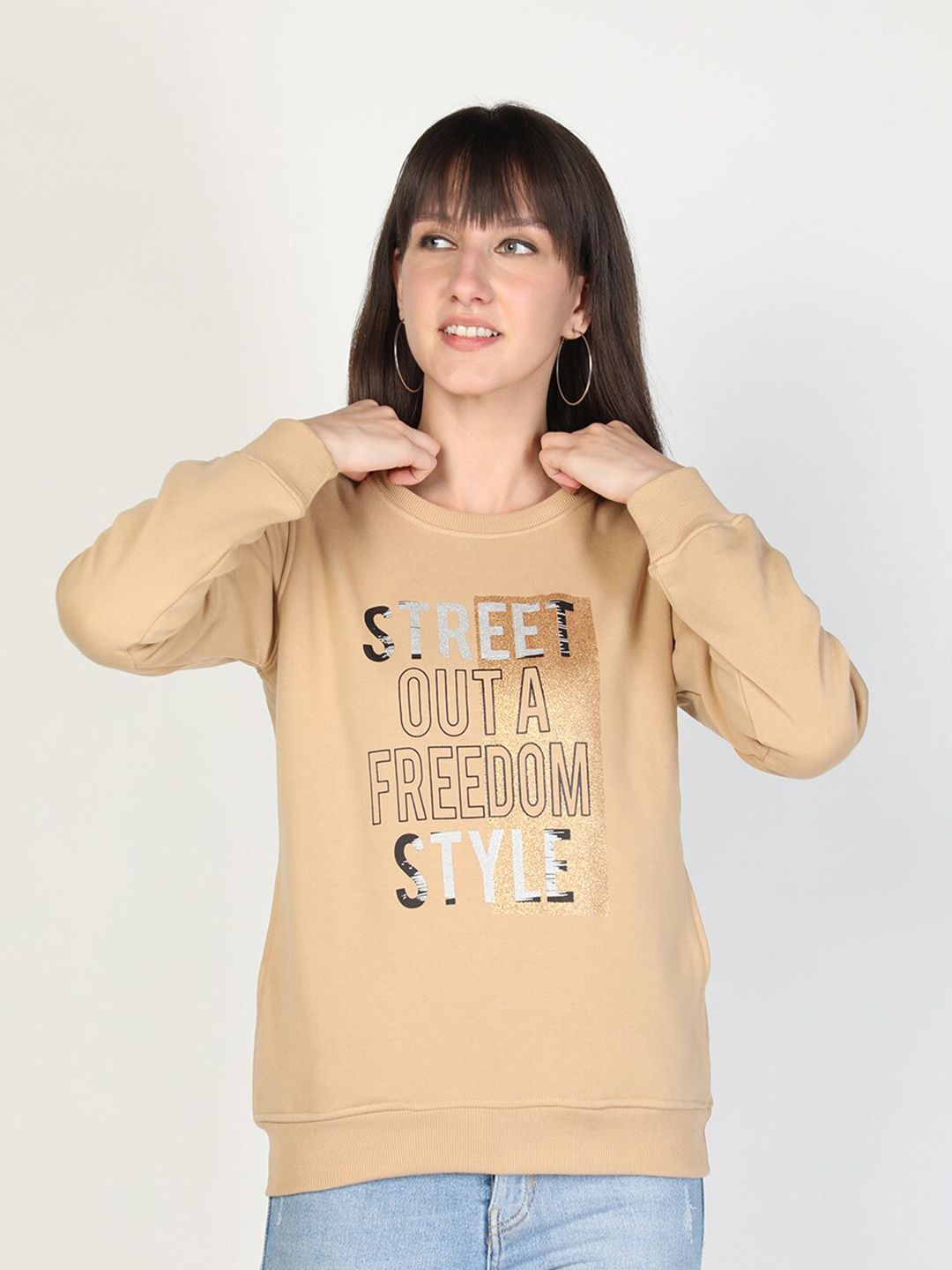 PROTEX Women Camel Brown Printed Sweatshirt Price in India