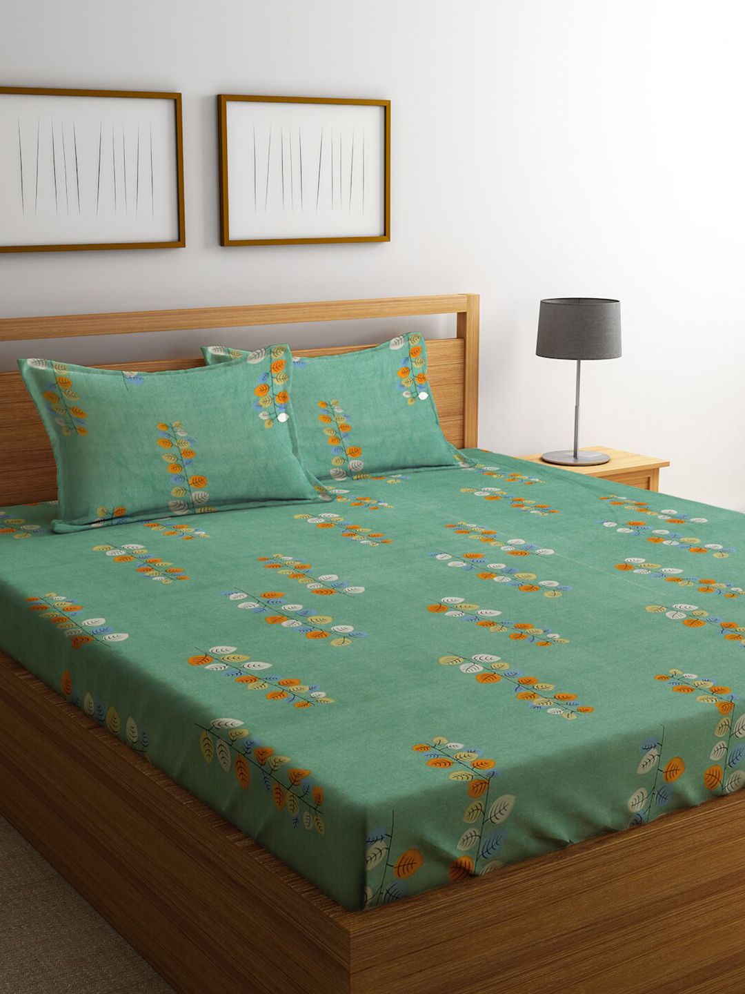 KLOTTHE Green Floral 300 TC Cotton Blend Double Bedsheet Set Price in India